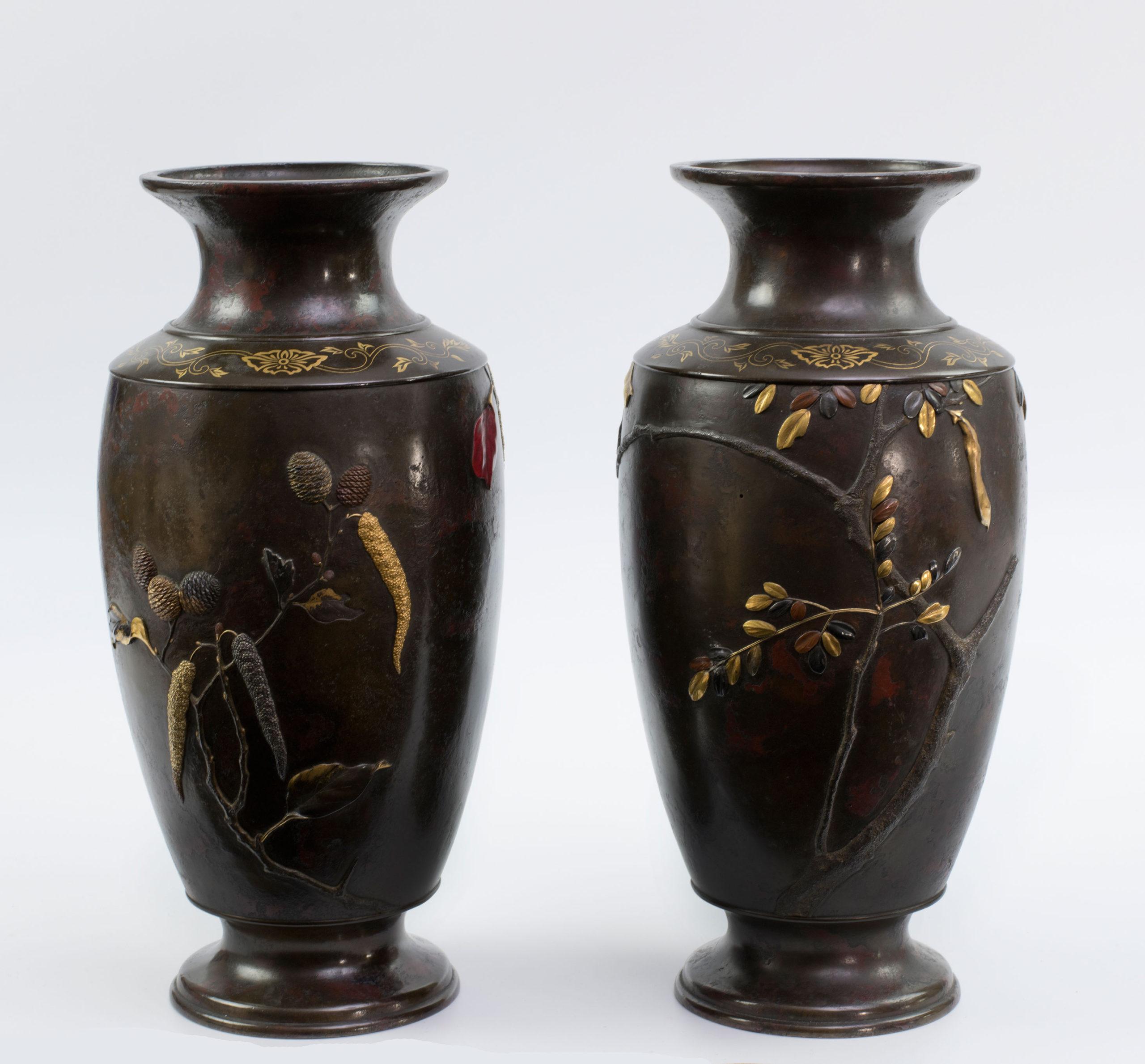 19th Century Japanese Bronze and Mixed Metal Vases, Suzuki Chokichi