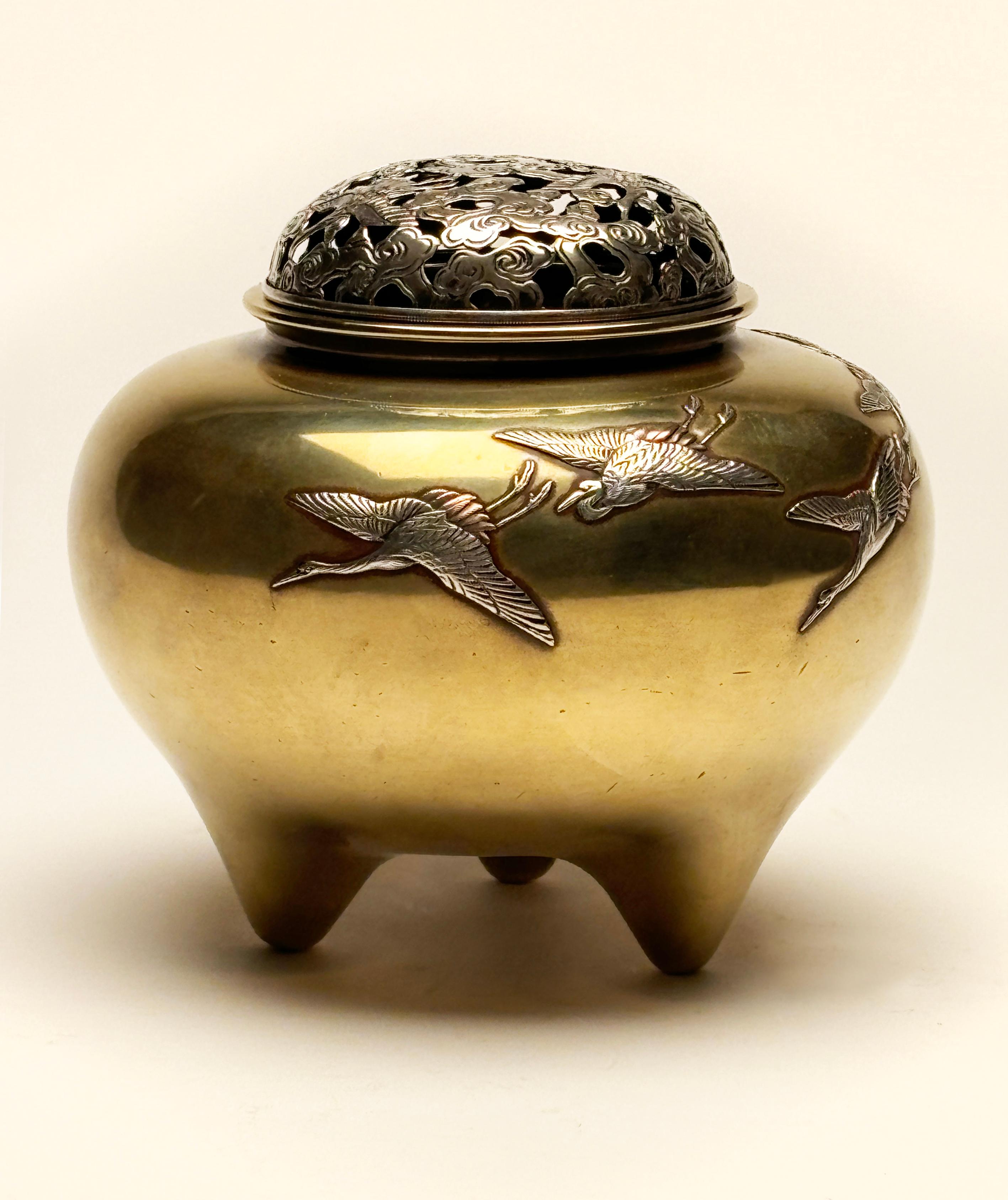 Hand-Carved Japanese Bronze and Sterling Incense Burner from Takaoka For Sale