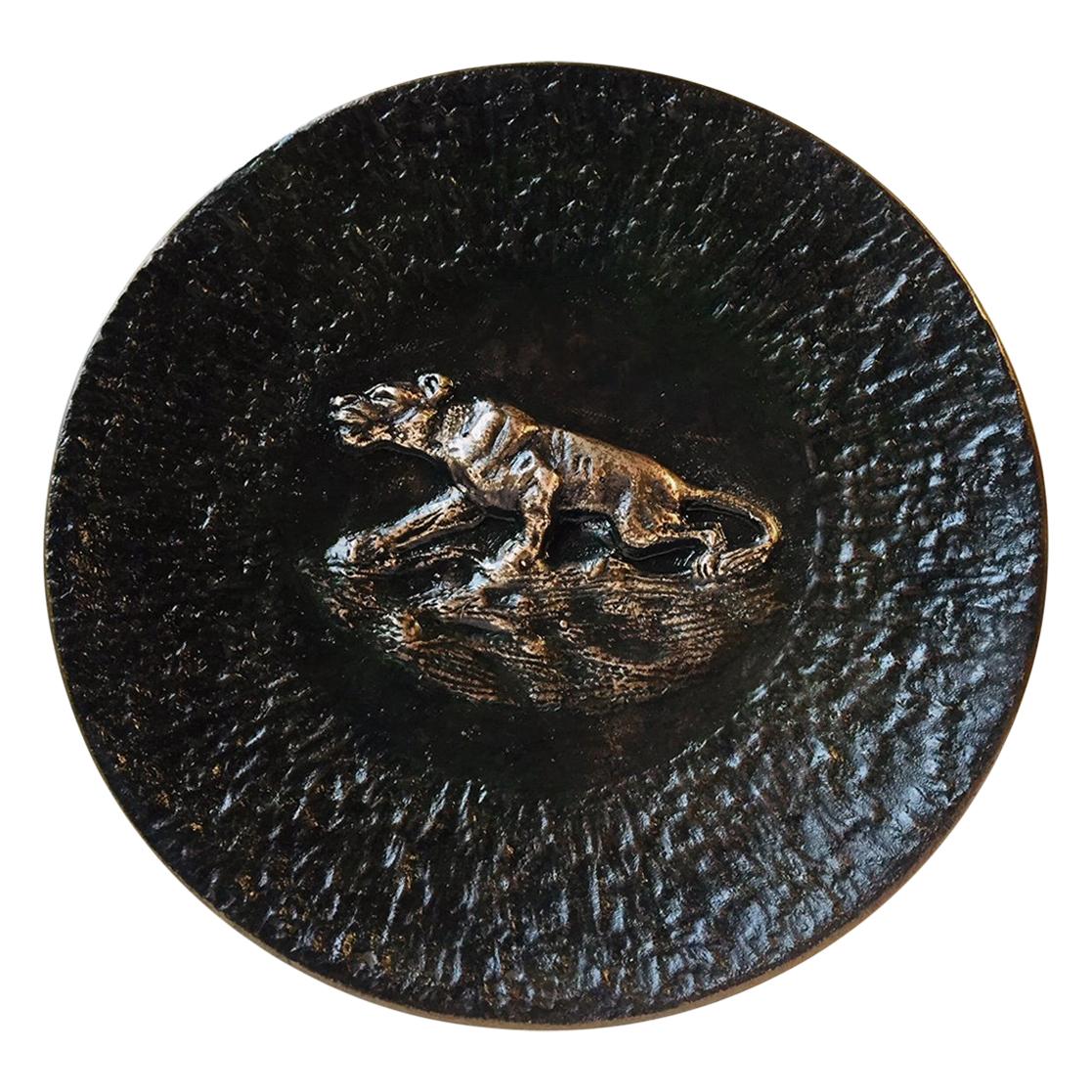 Japanese Bronze Bowl with Tiger Motif in Relief, 1920s