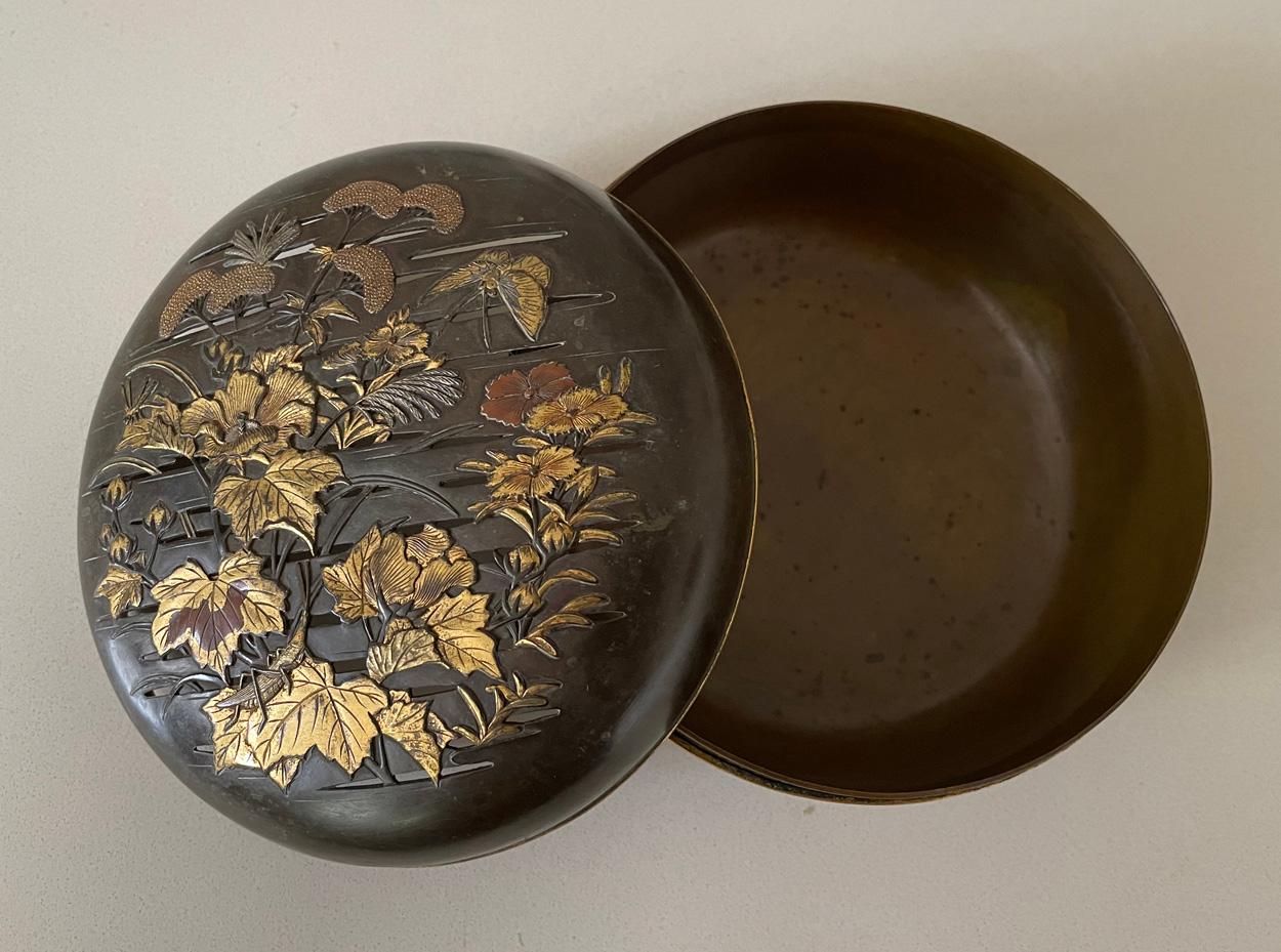 Rare boîte circulaire en bronze de la période japonaise Meiji (1868 - 1912) et son couvercle par Inoue, Kyoto, fin du 19e siècle.

La couverture est estampée d'un décor doré, argenté et cuivré d'insectes parmi des feuillages, dont une libellule,
