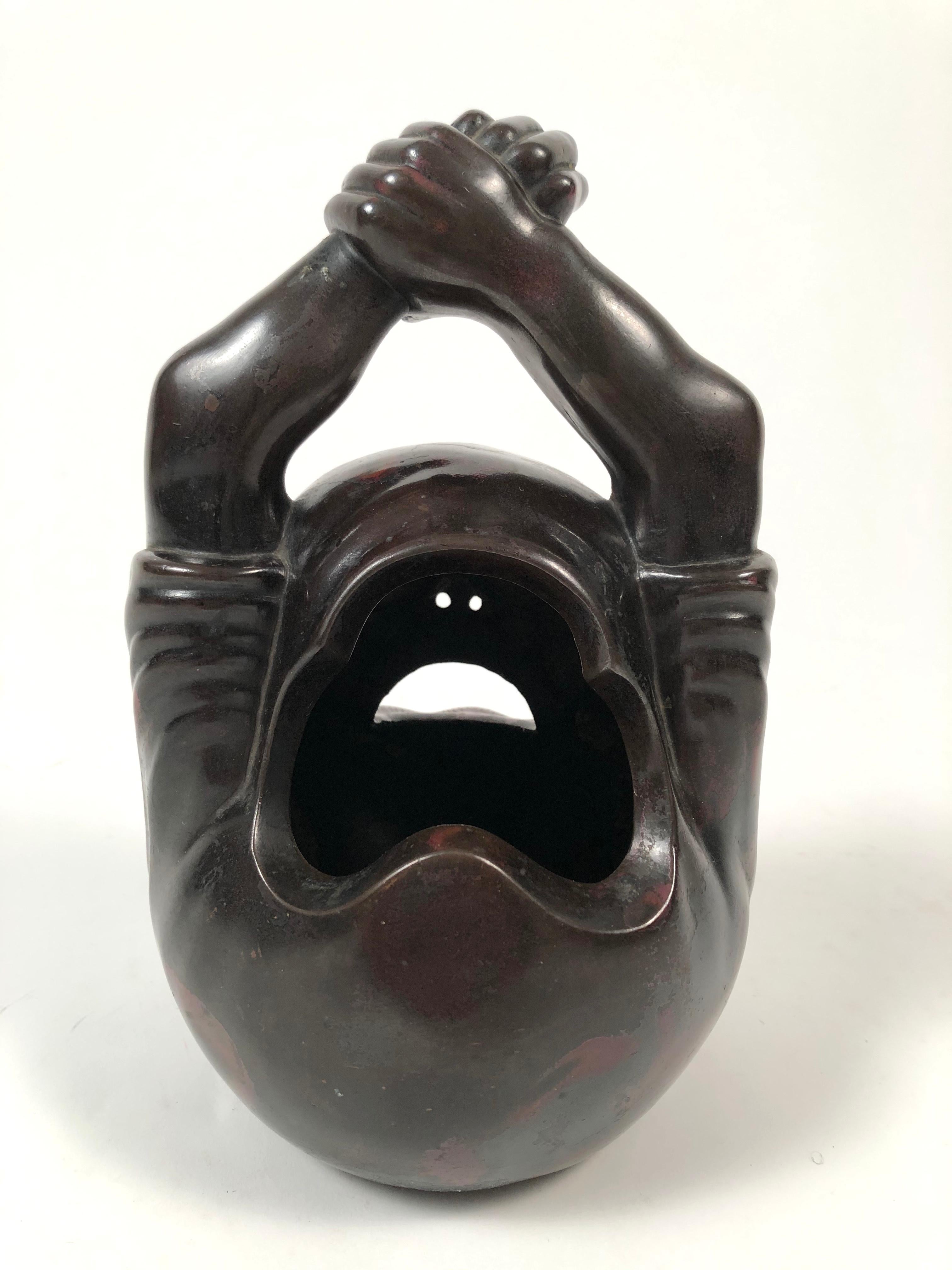 Patinated Japanese Bronze Brazier Hand Warmer in the Form of Daruma or Bodhidharma