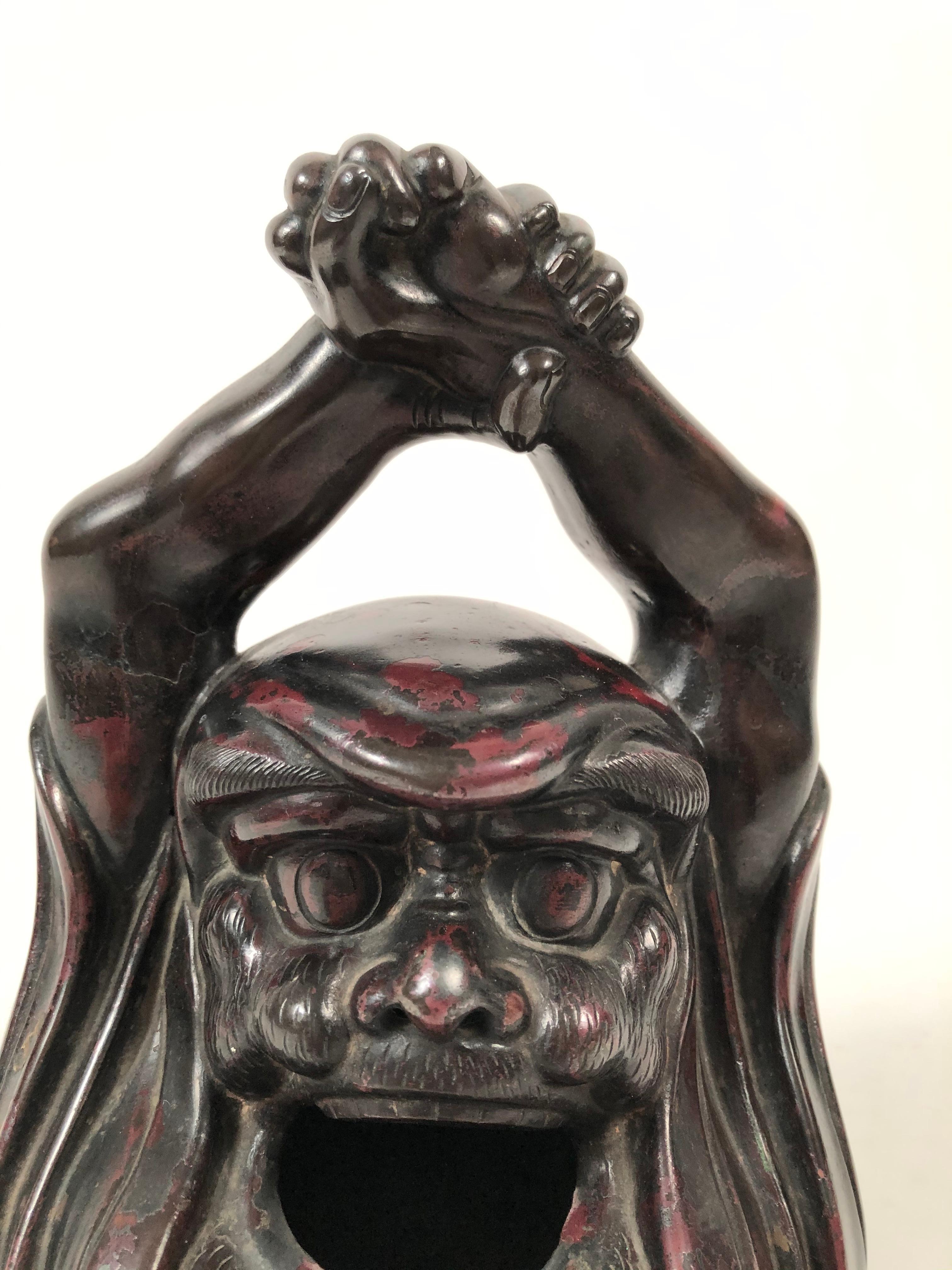 19th Century Japanese Bronze Brazier Hand Warmer in the Form of Daruma or Bodhidharma