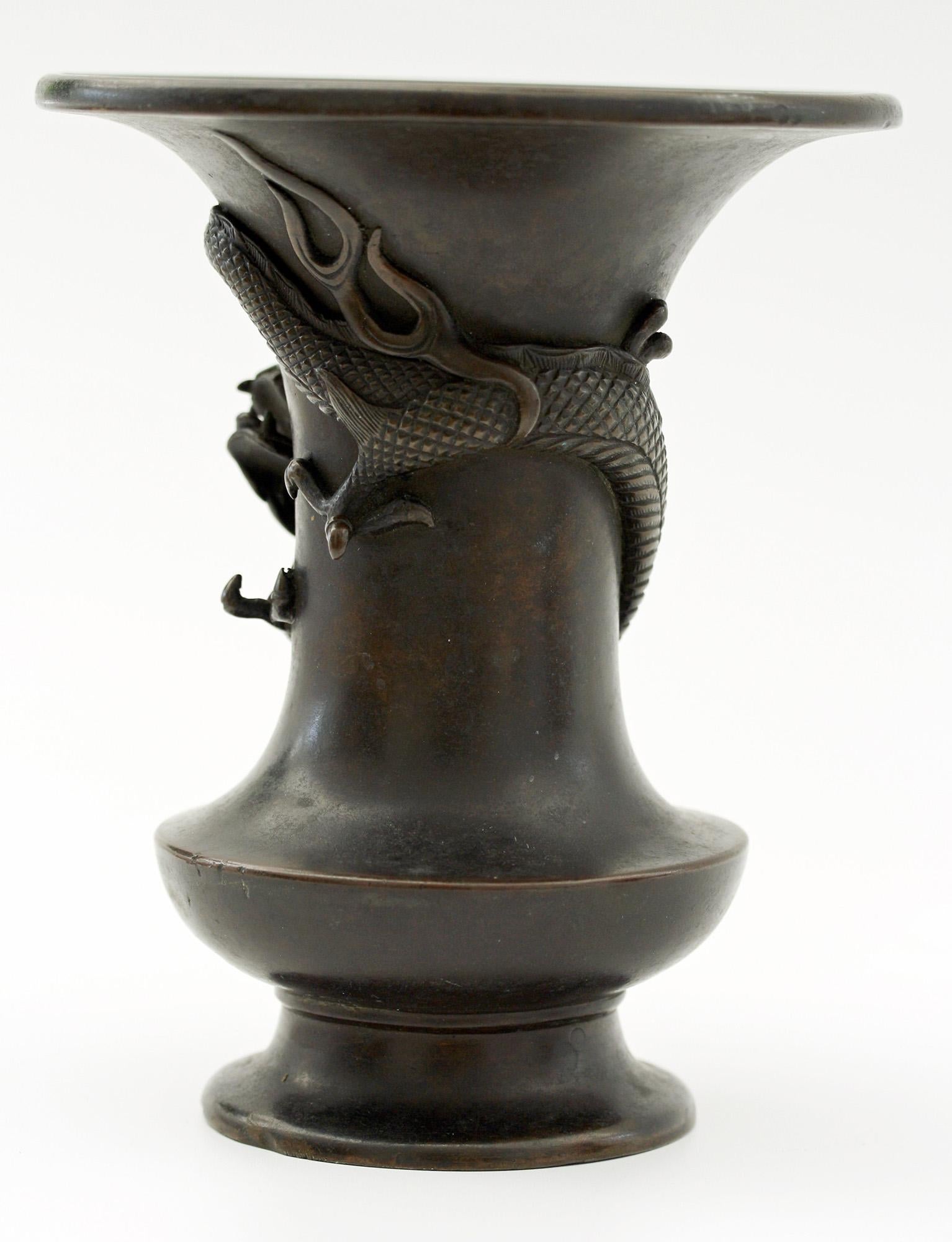 Japanese Bronze Campana Vase Applied with Dragon Signed 5
