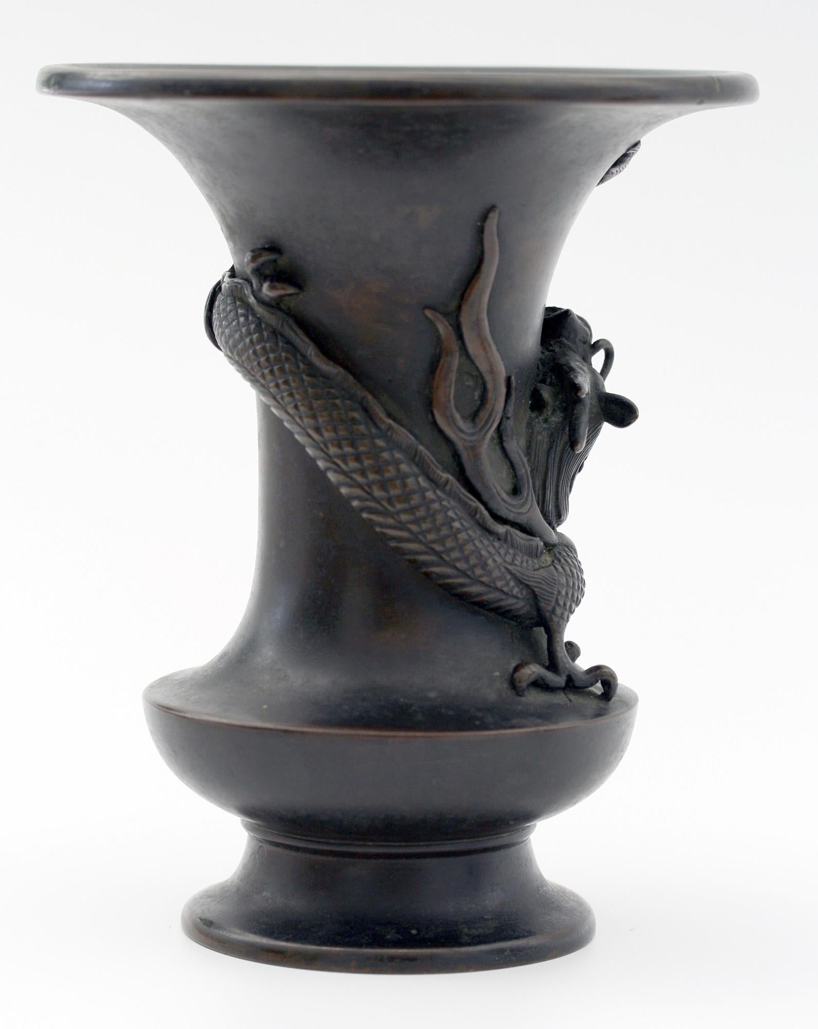 Japanese Bronze Campana Vase Applied with Dragon Signed 6