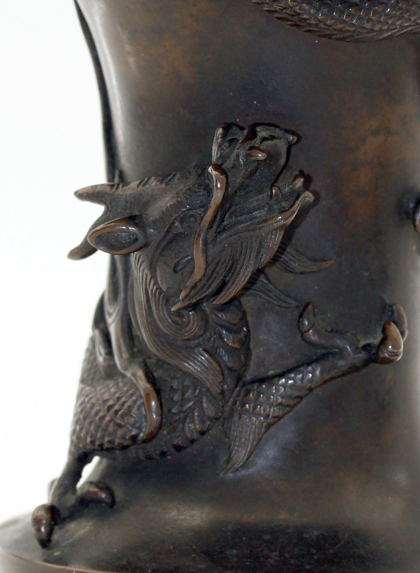 Japanese Bronze Campana Vase Applied with Dragon Signed 9