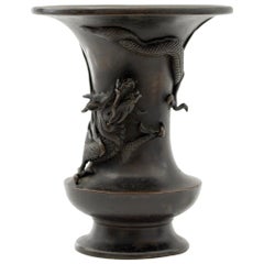 Japanese Bronze Campana Vase Applied with Dragon Signed