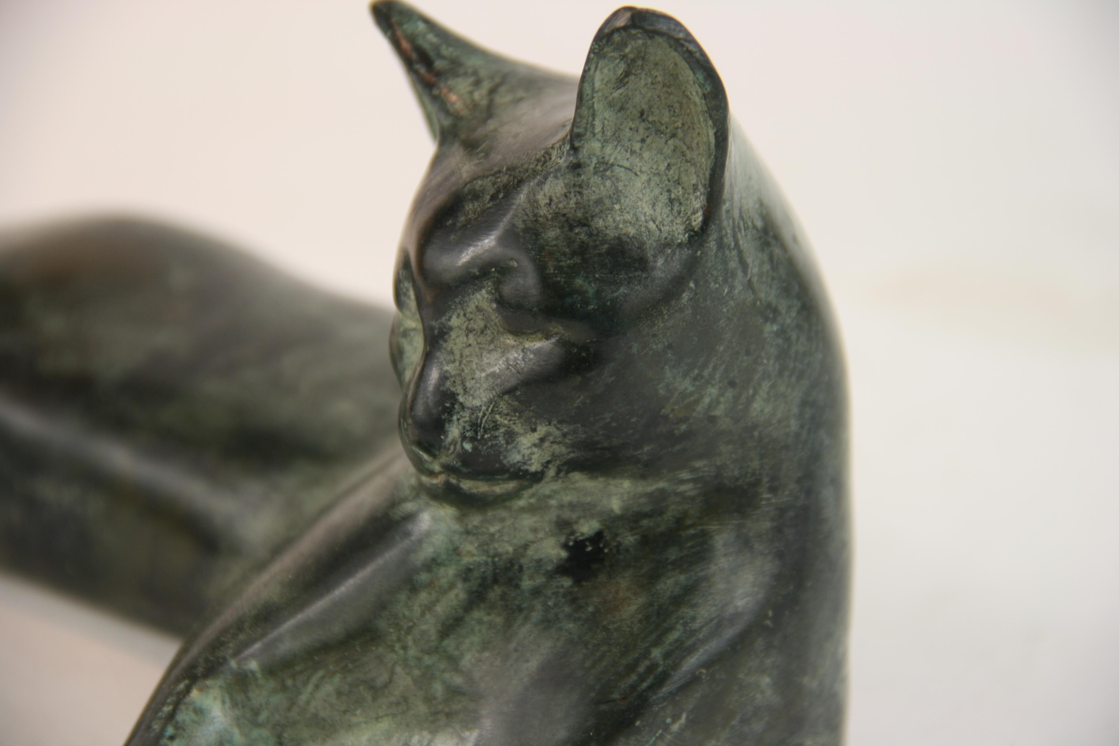 Mid-20th Century Japanese Bronze Cold Painted Reclining Cat Sculpture