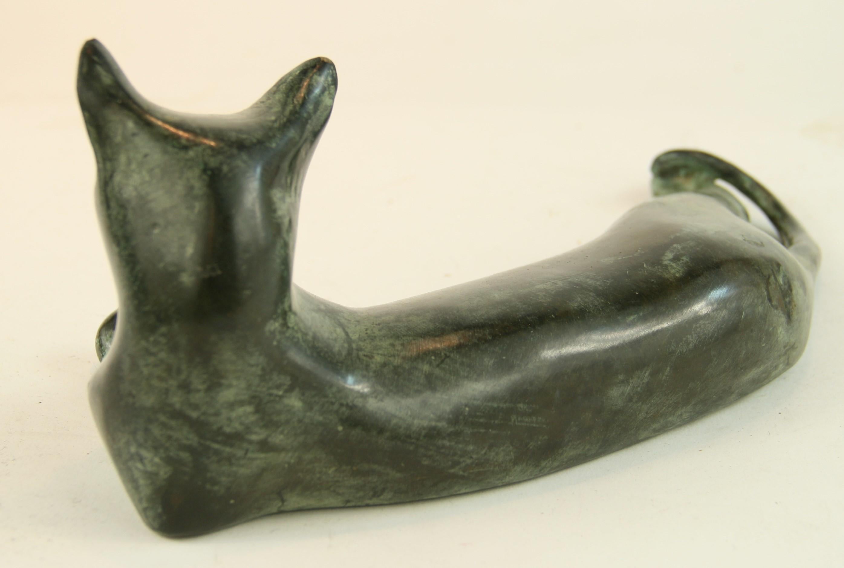 Japanese Bronze Cold Painted Reclining Cat Sculpture 1