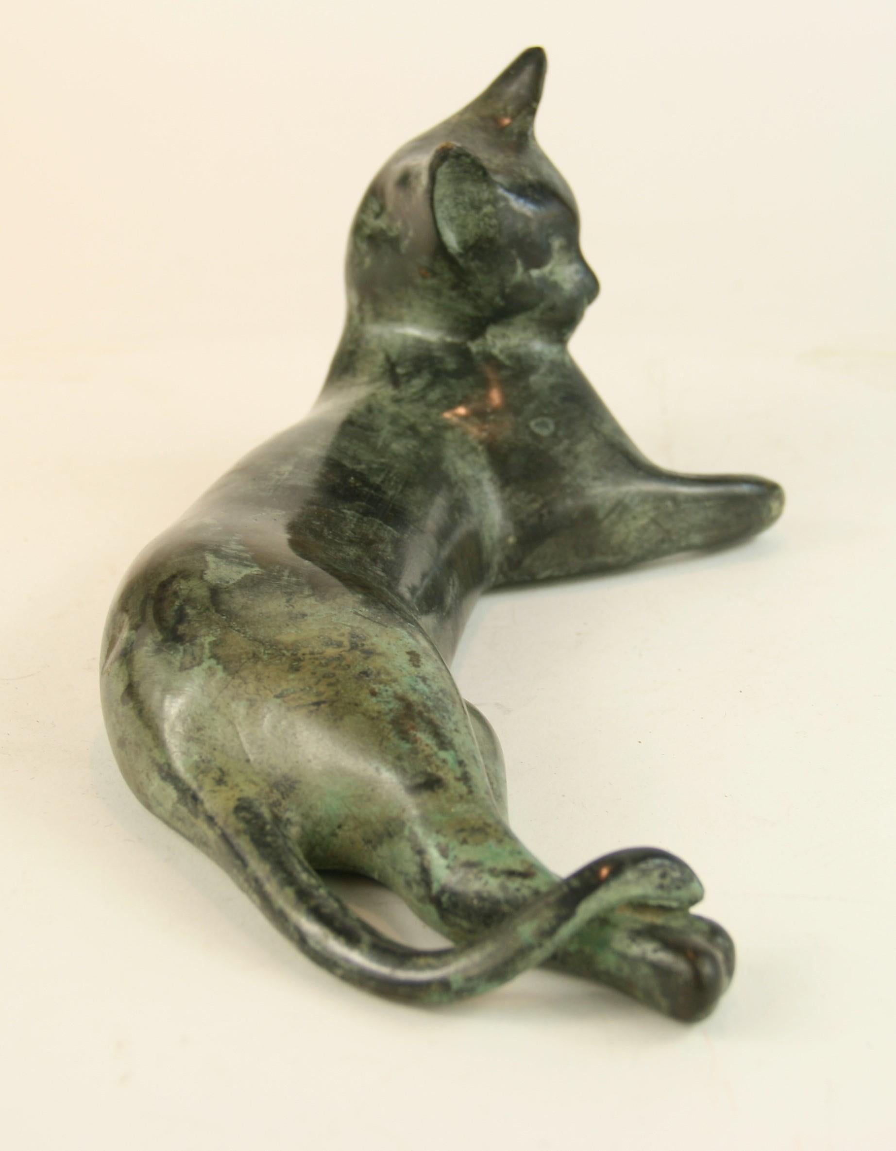 Japanese Bronze Cold Painted Reclining Cat Sculpture 2