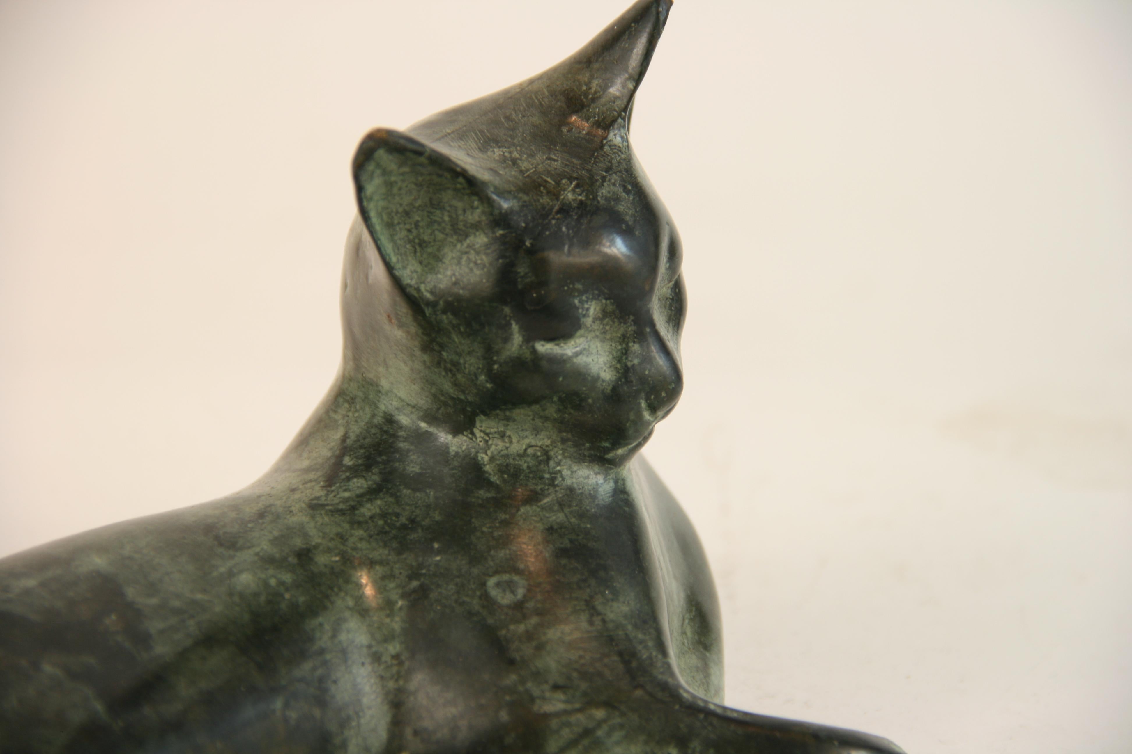 Japanese Bronze Cold Painted Reclining Cat Sculpture 3