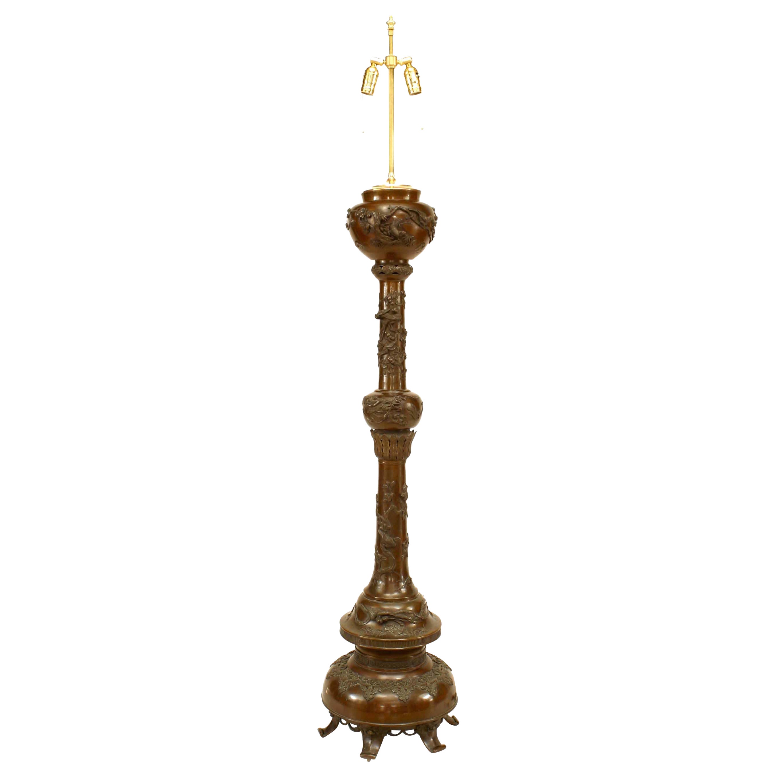 Japanese Bronze Column Floor Lamp with Foliate and Bird Reliefs