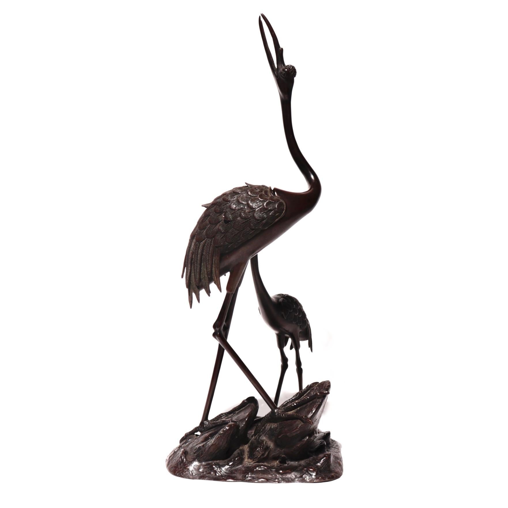 Cast Japanese Bronze Crane Incense Burner, Meiji Period For Sale