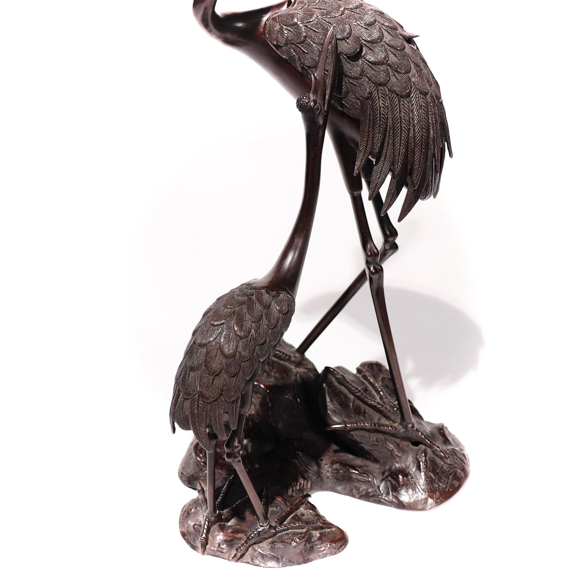 Early 20th Century Japanese Bronze Crane Incense Burner, Meiji Period For Sale