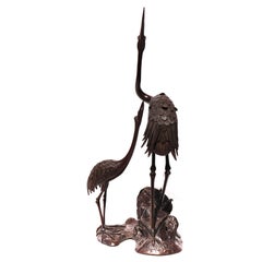Antique Japanese Bronze Crane Incense Burner, Meiji Period