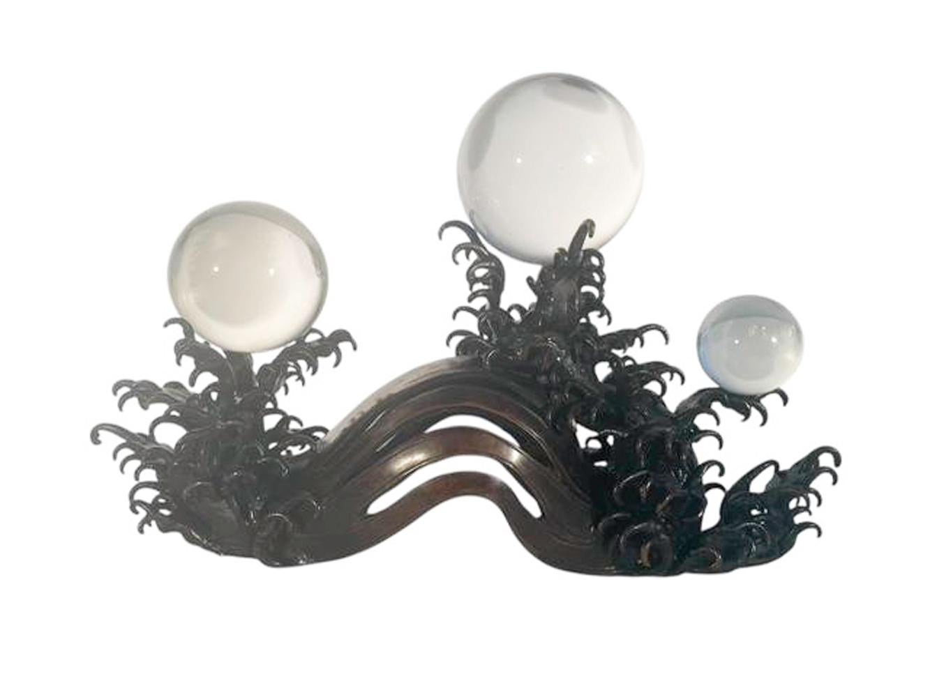 Japanese Bronze & Crystal Okimono, 3 Crystal Spheres Riding Bronze Waves, Meiji In Good Condition For Sale In Chapel Hill, NC