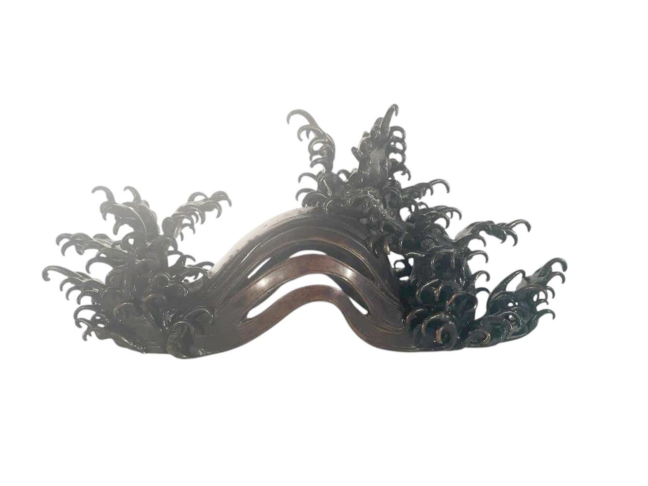 19th Century Japanese Bronze & Crystal Okimono, 3 Crystal Spheres Riding Bronze Waves, Meiji For Sale