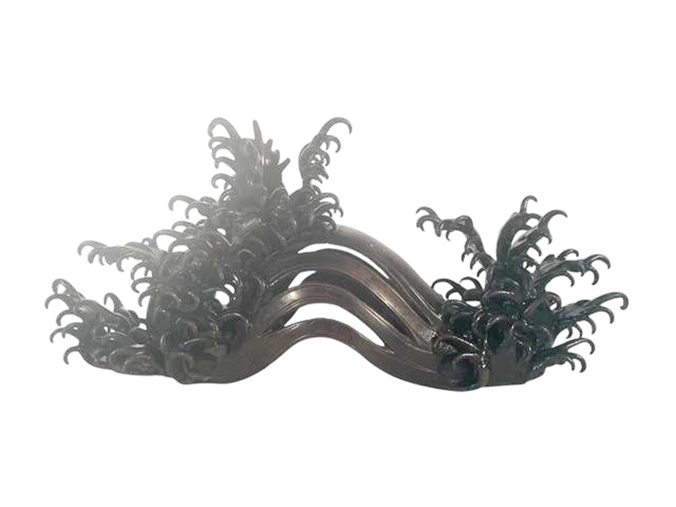 Japanese Bronze & Crystal Okimono, 3 Crystal Spheres Riding Bronze Waves, Meiji For Sale 1