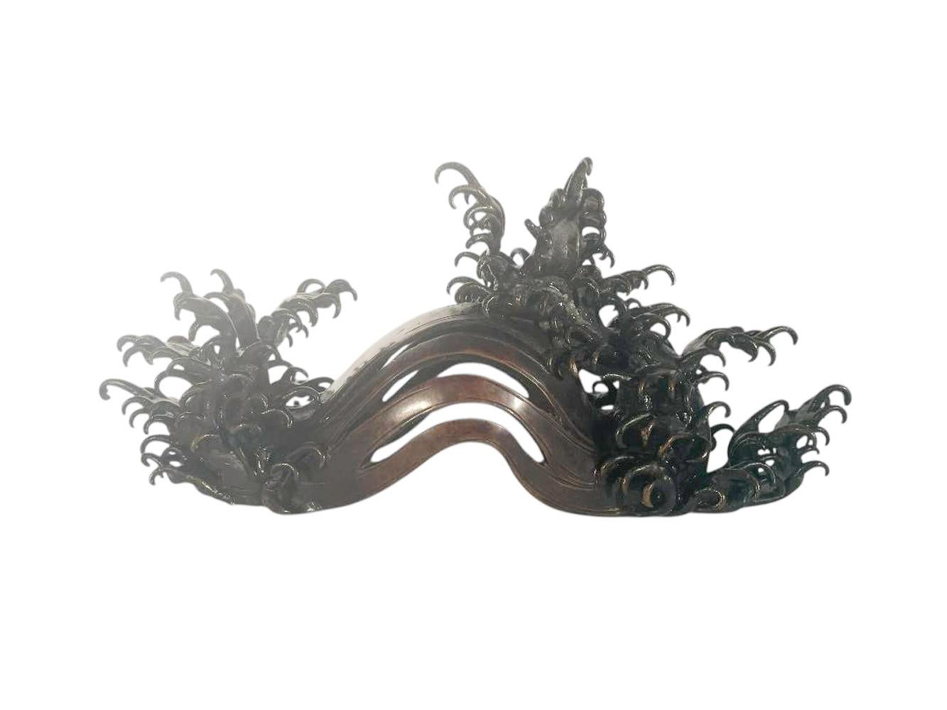 Japanese Bronze & Crystal Okimono, 3 Crystal Spheres Riding Bronze Waves, Meiji For Sale 2