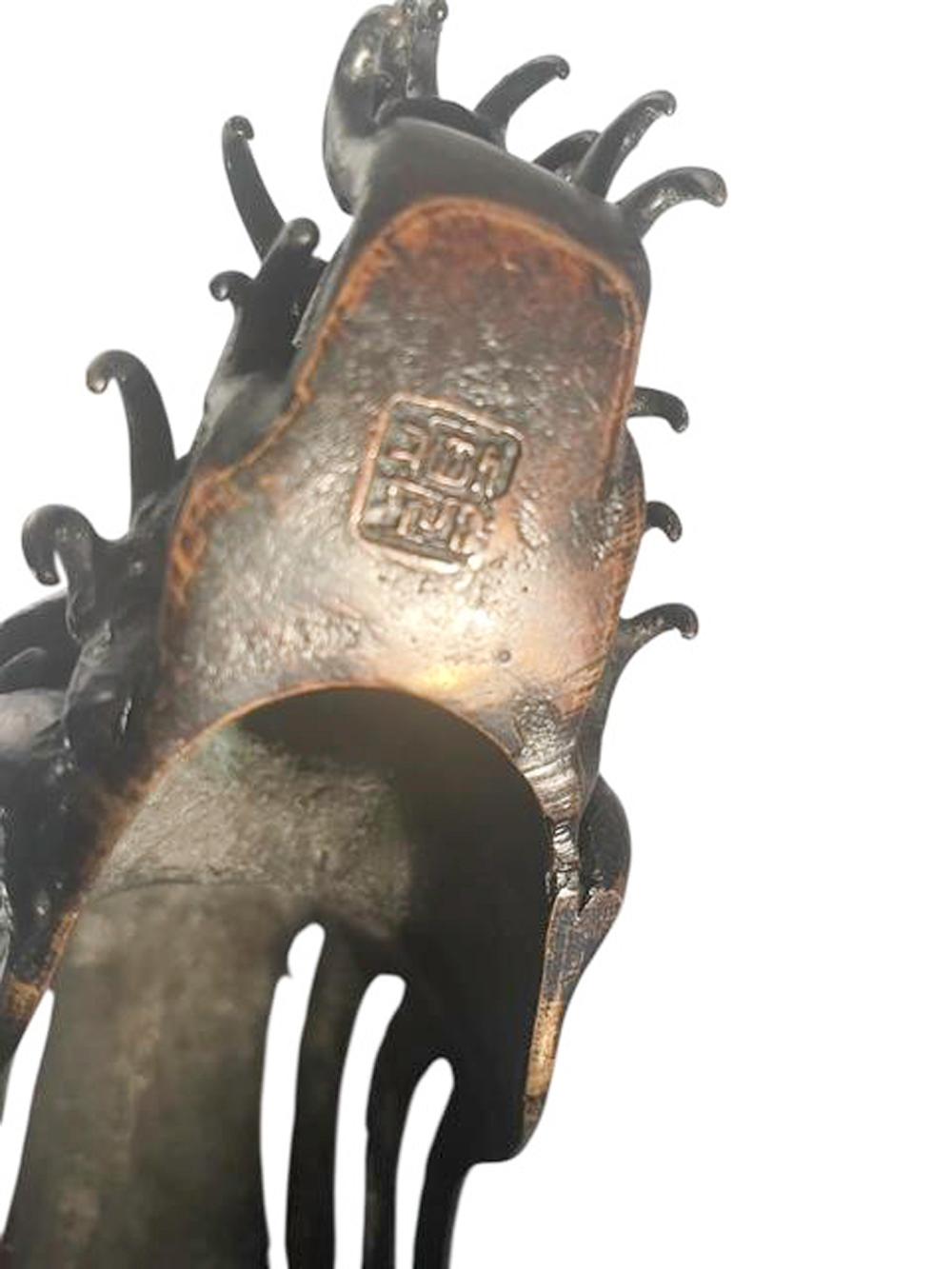Japanese Bronze & Crystal Okimono, 3 Crystal Spheres Riding Bronze Waves, Meiji For Sale 4