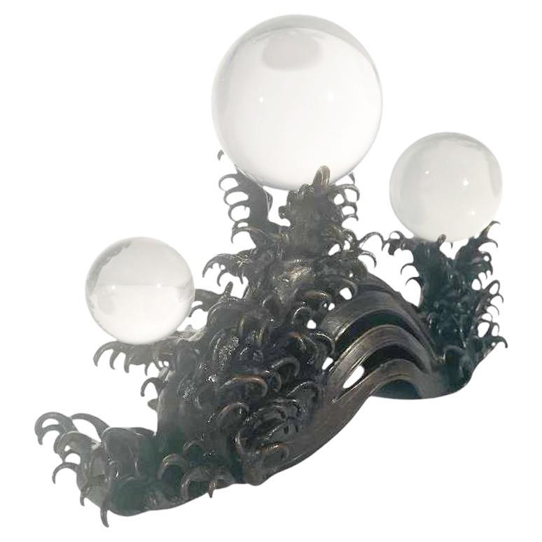 Japanese Bronze & Crystal Okimono, 3 Crystal Spheres Riding Bronze Waves, Meiji For Sale