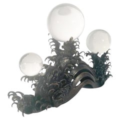 Antique Japanese Bronze & Crystal Okimono, 3 Crystal Spheres Riding Bronze Waves, Meiji