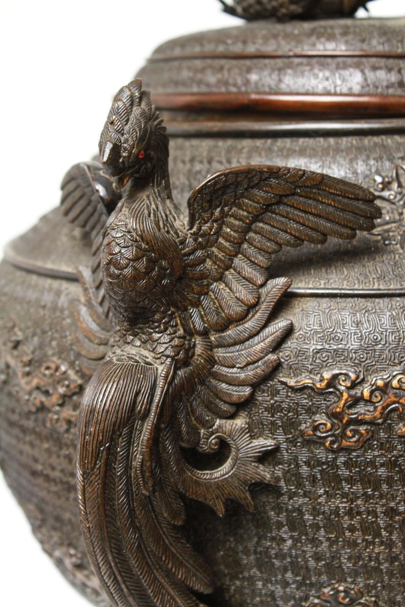 Meiji Japanese Bronze Dragon and Phoenix Incense Burner