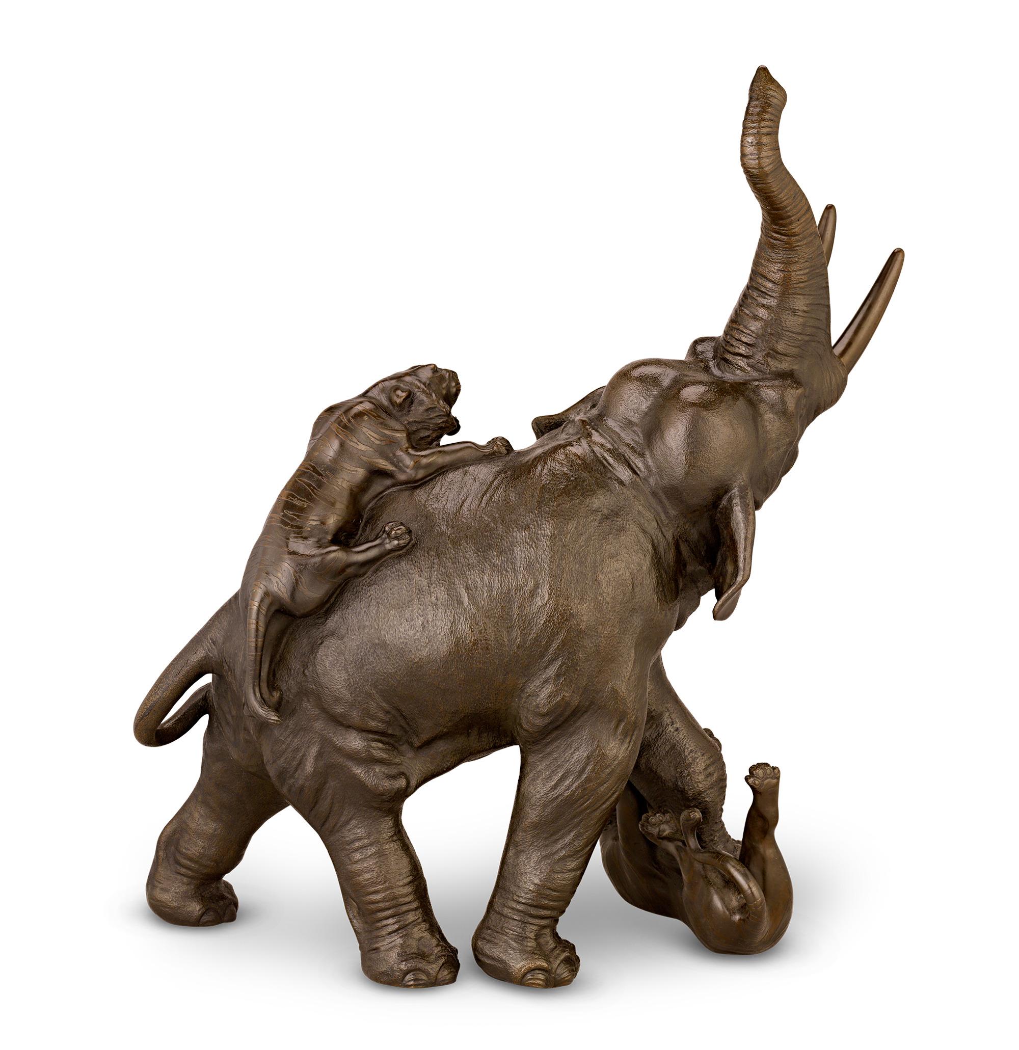 Meiji Elefante e tigri in bronzo giapponese di Genryusai Seiya in vendita