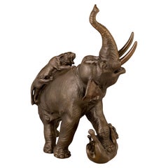 Japanese Bronze Elephant and Tigers by Genryusai Seiya