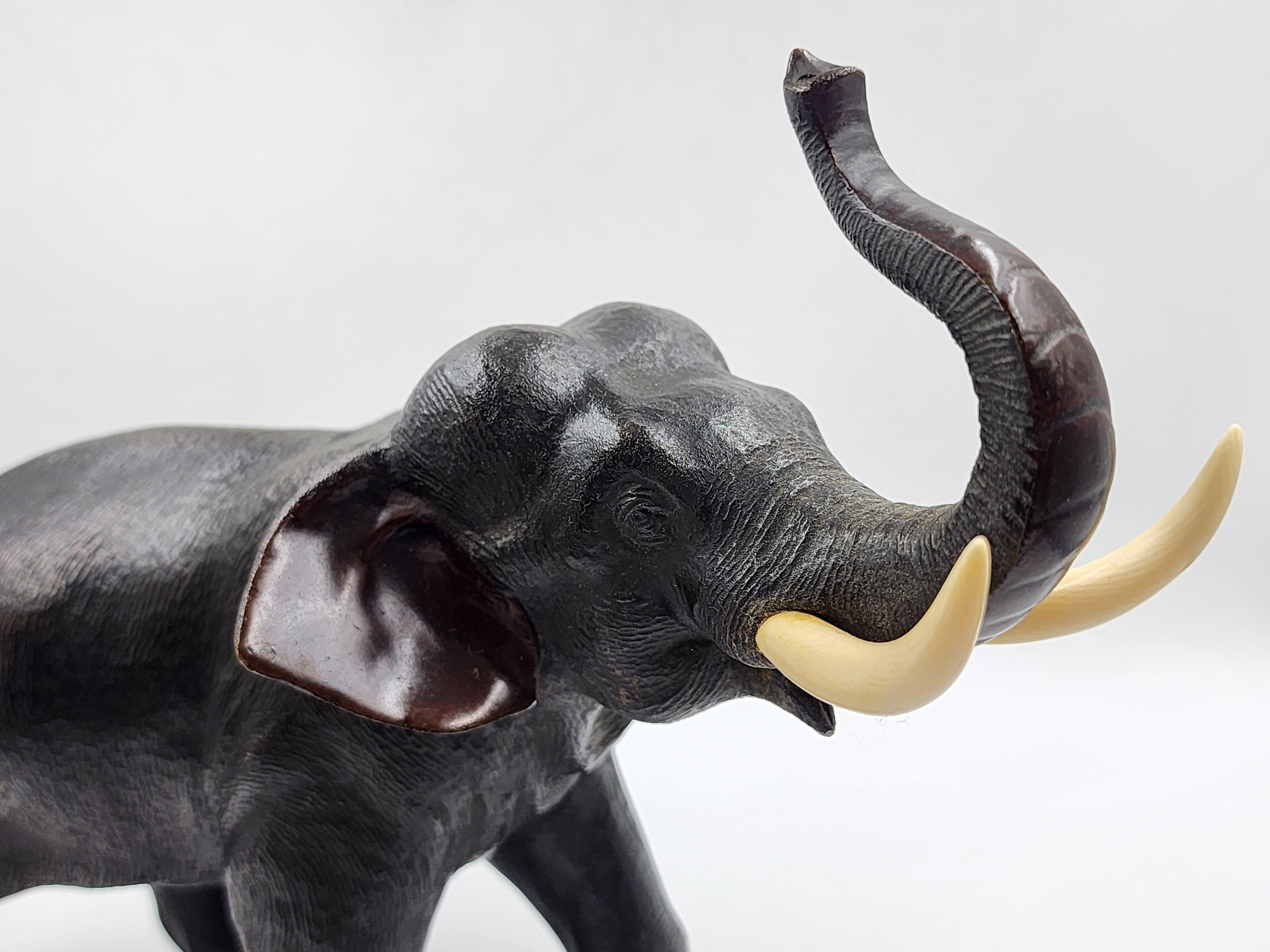 Figurina di elefante giapponese in bronzo
Questa statuetta di elefante giapponese in bronzo assume una posa dinamica con la proboscide sollevata verso l'alto. La patina scura del bronzo mette in evidenza la texture dettagliata della pelle