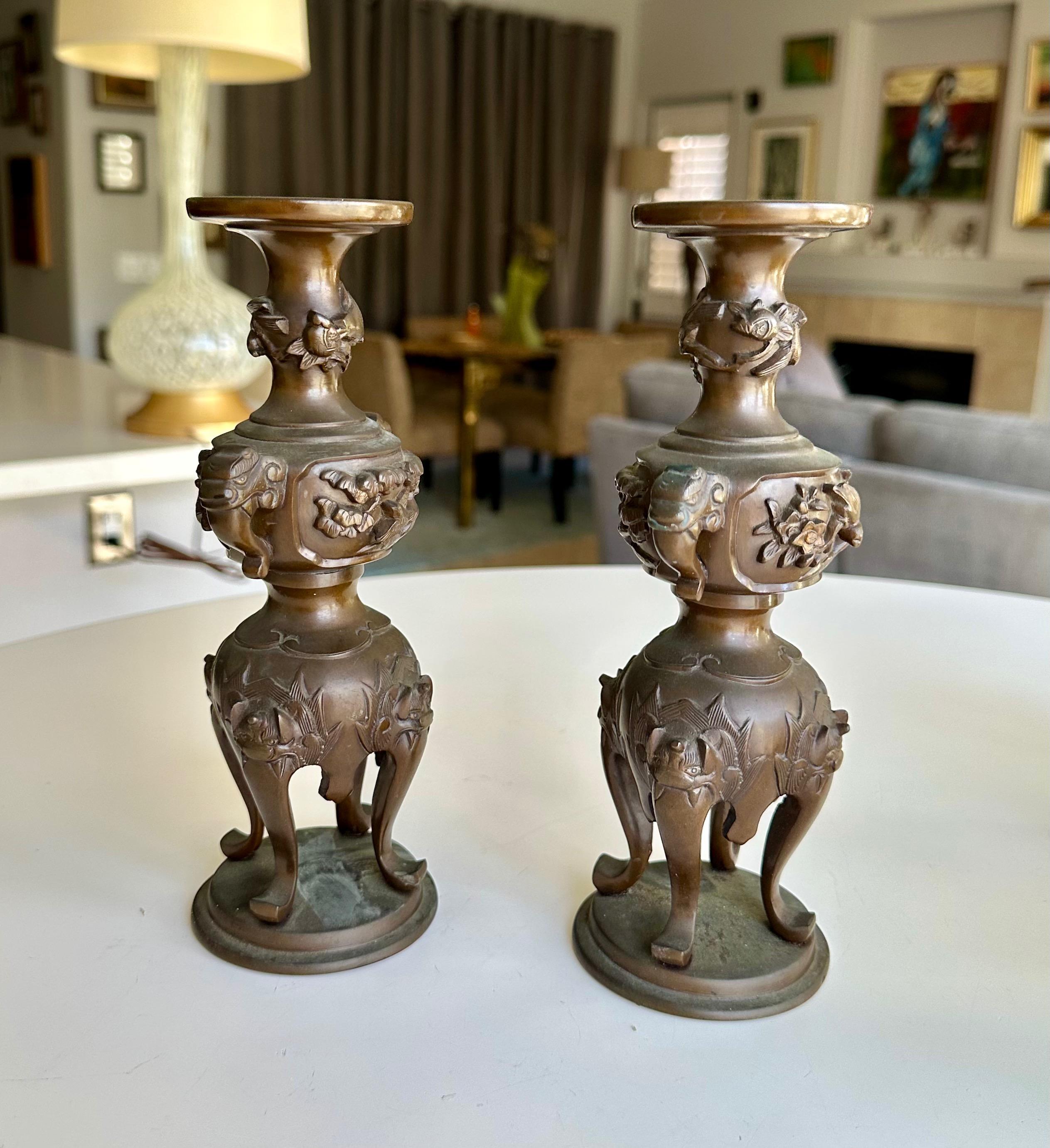 Japanese Bronze Elephant Handle Candlestick Holders For Sale 14