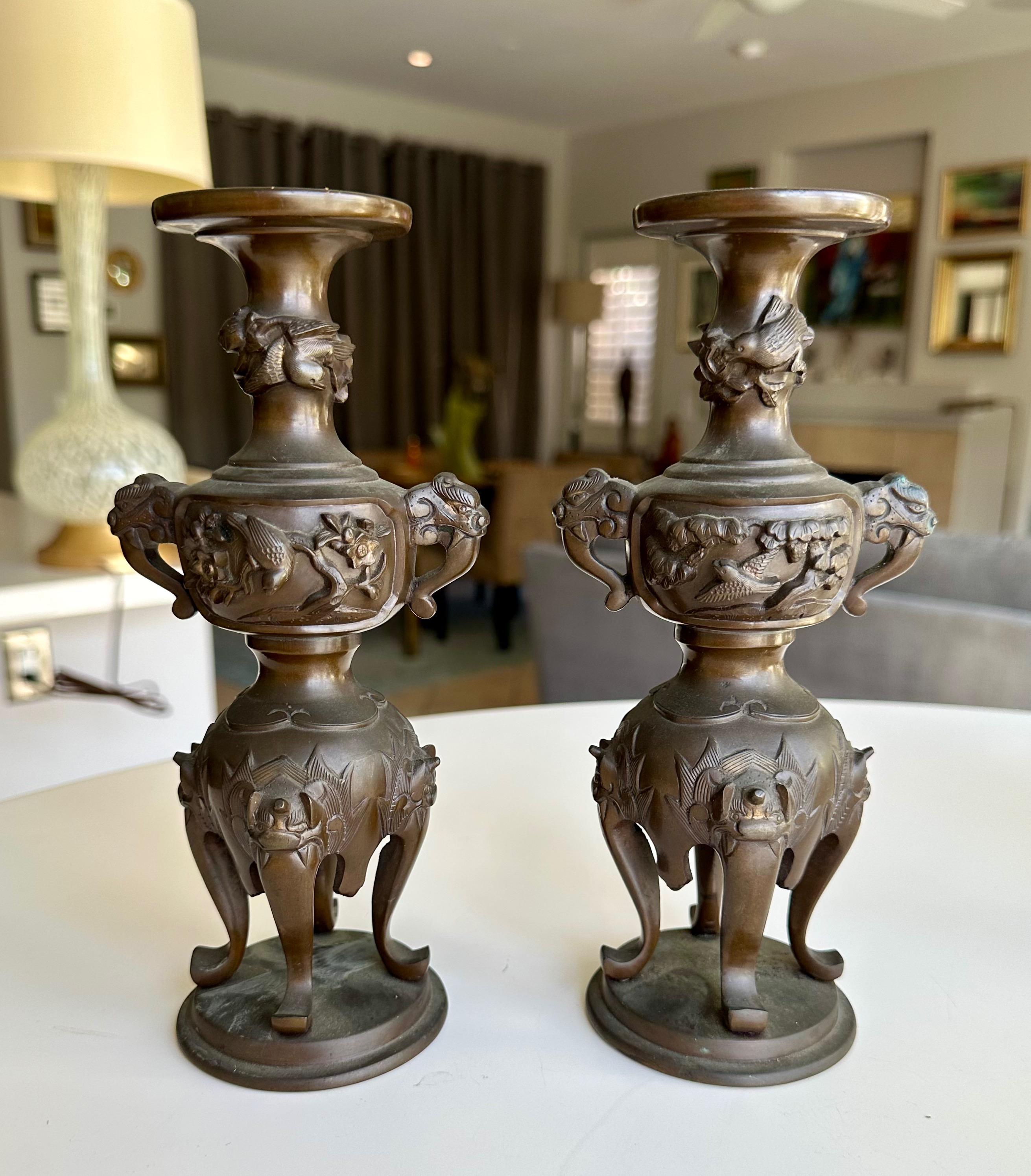 Japanese Bronze Elephant Handle Candlestick Holders For Sale 15