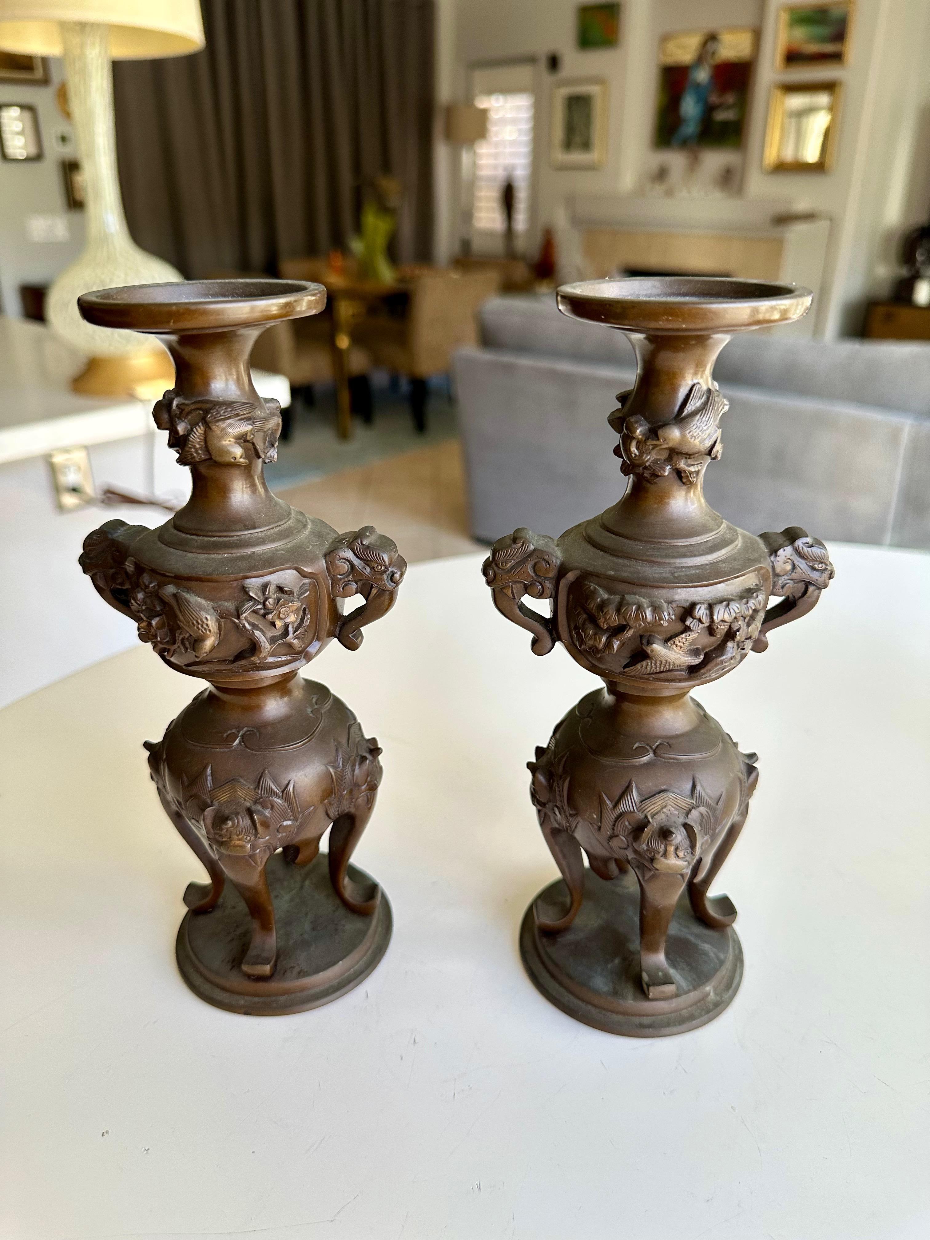 Japanese Bronze Elephant Handle Candlestick Holders In Good Condition For Sale In Palm Springs, CA