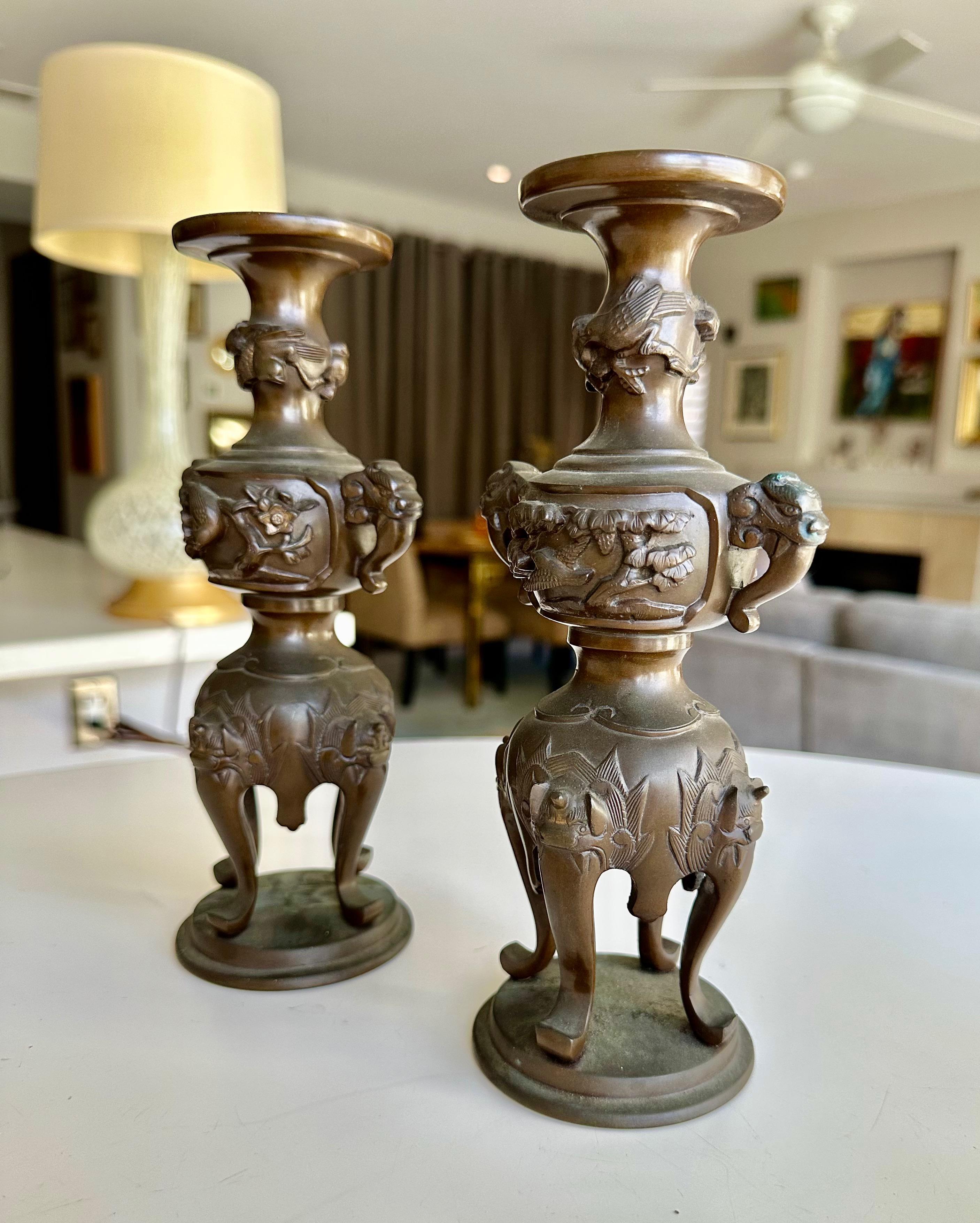 20th Century Japanese Bronze Elephant Handle Candlestick Holders For Sale