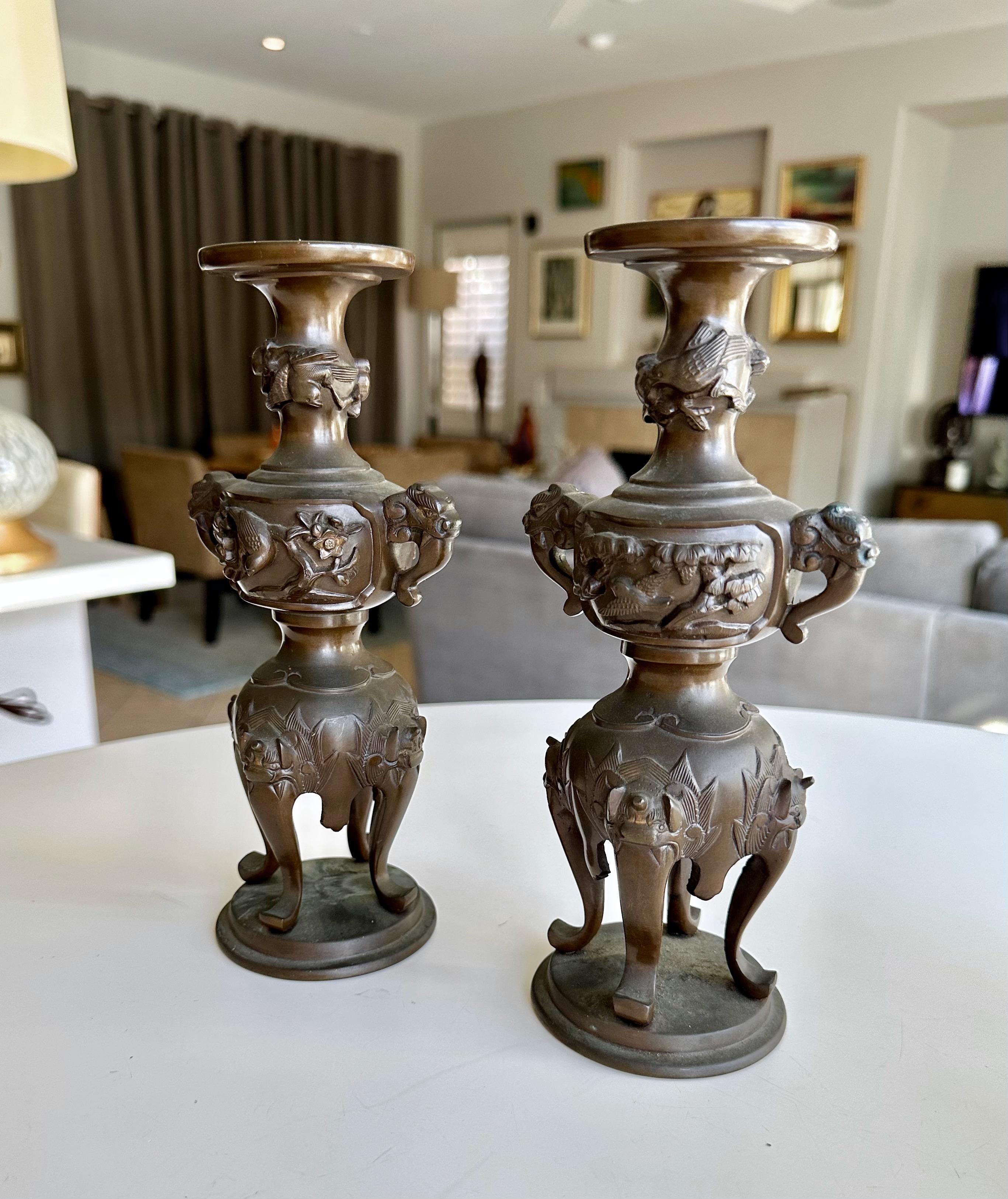 Japanese Bronze Elephant Handle Candlestick Holders For Sale 1