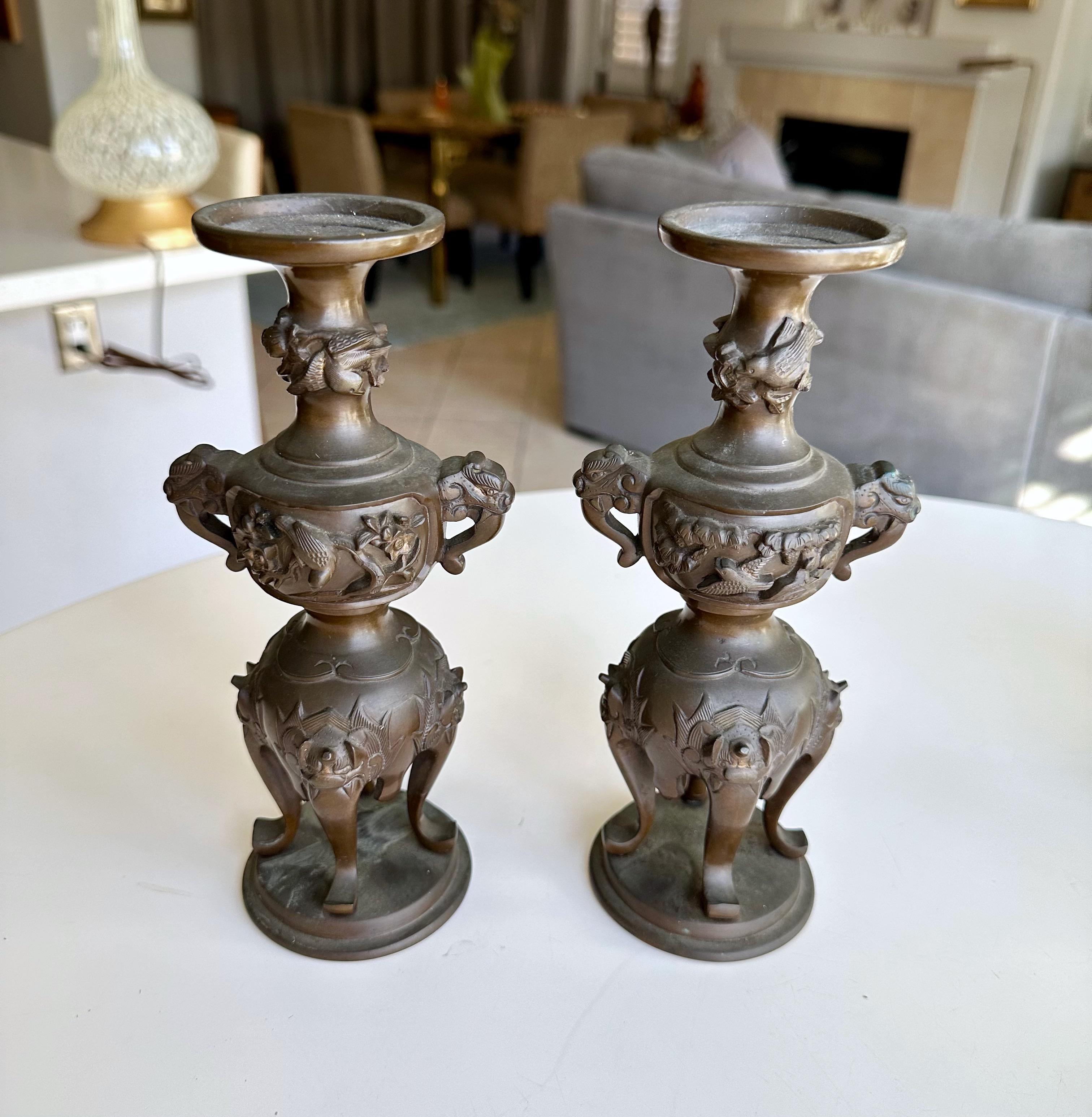 Japanese Bronze Elephant Handle Candlestick Holders For Sale 2