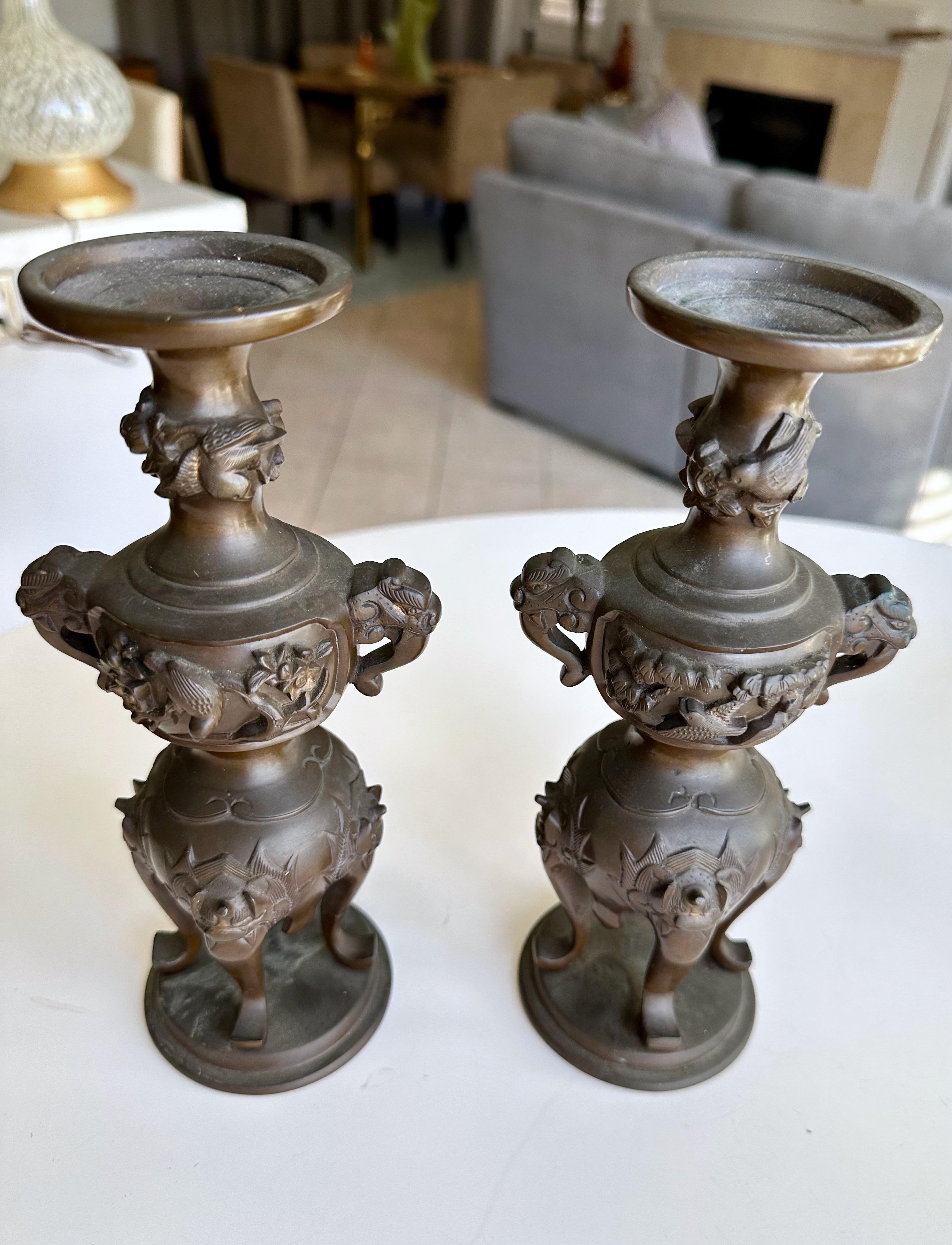 Japanese Bronze Elephant Handle Candlestick Holders For Sale 3