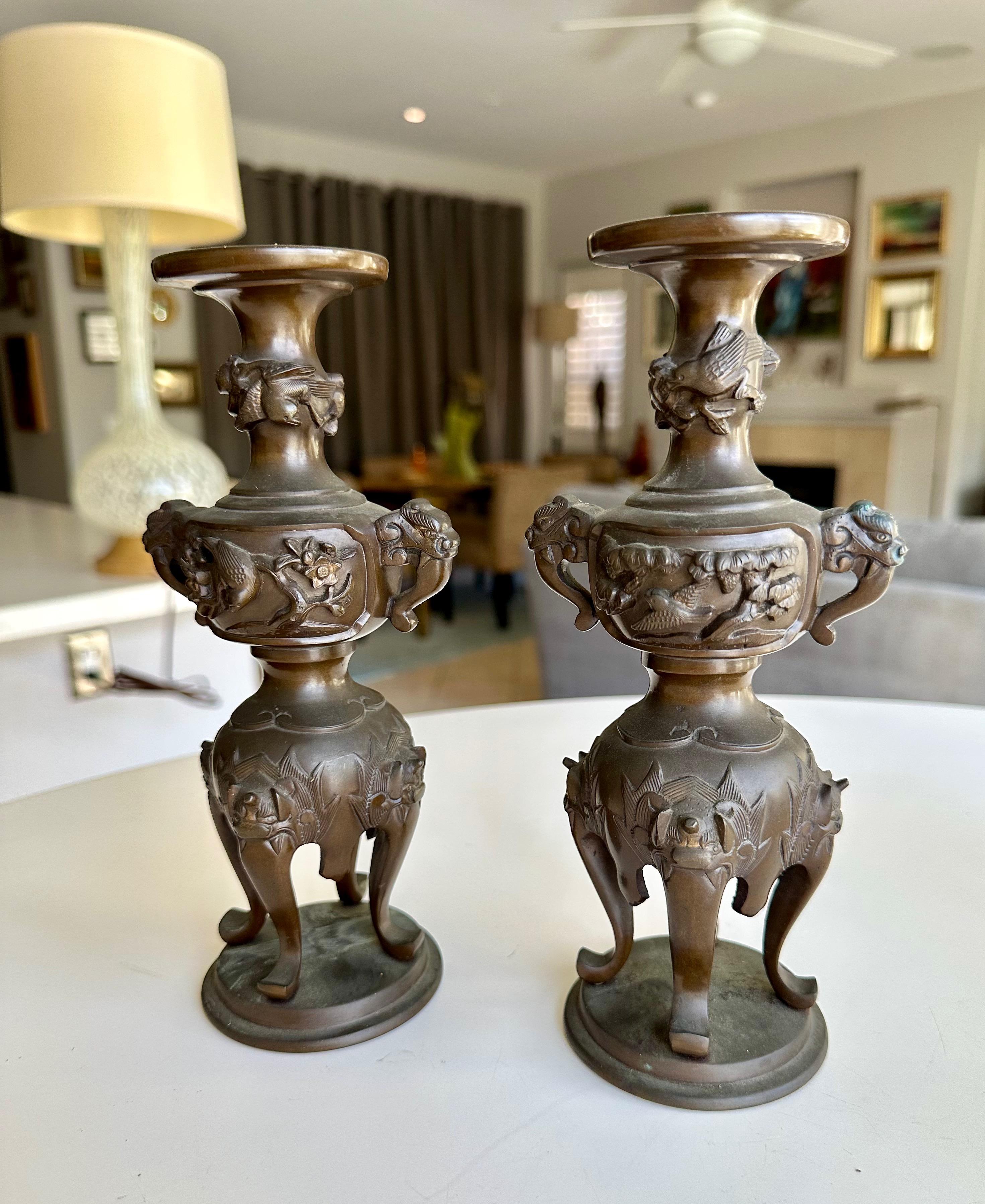 Japanese Bronze Elephant Handle Candlestick Holders For Sale 4