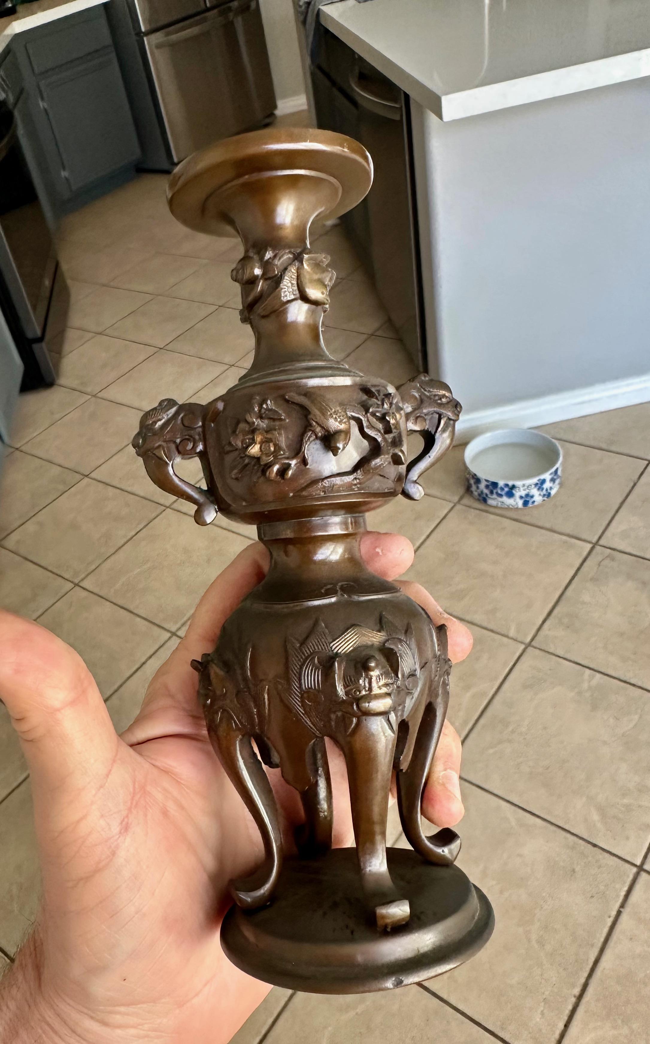 Japanese Bronze Elephant Handle Candlestick Holders For Sale 5