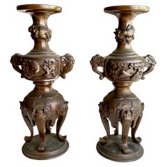 Japanese Bronze Elephant Handle Candlestick Holders