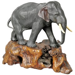 Japanese Bronze Elephant on Burl Wood Base