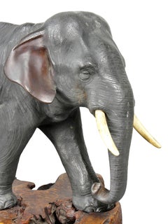 Japanese Bronze Elephant on Burl Wood Base