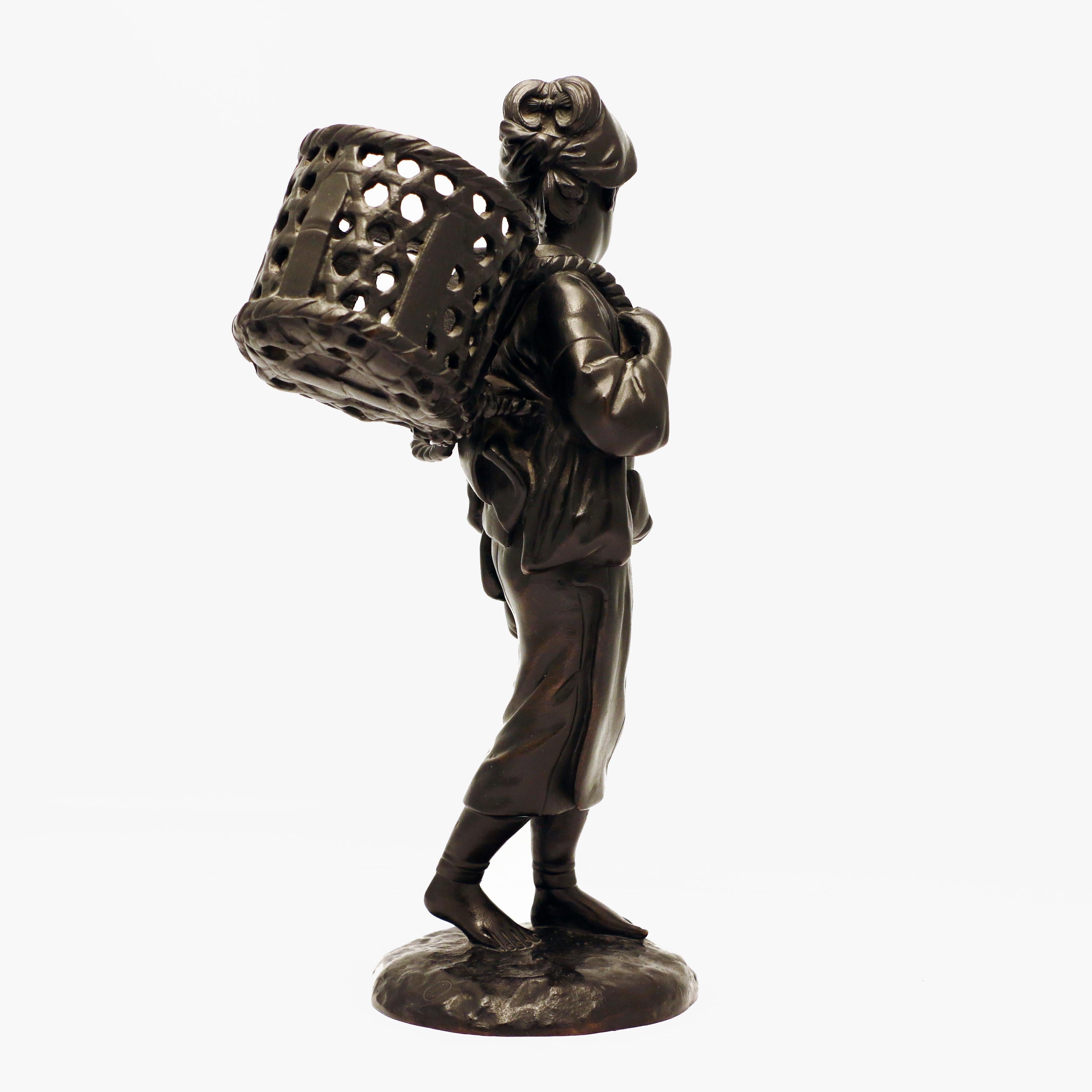 Meiji Japanese Bronze Figure, a Peasant Girl with a Wicker Basket