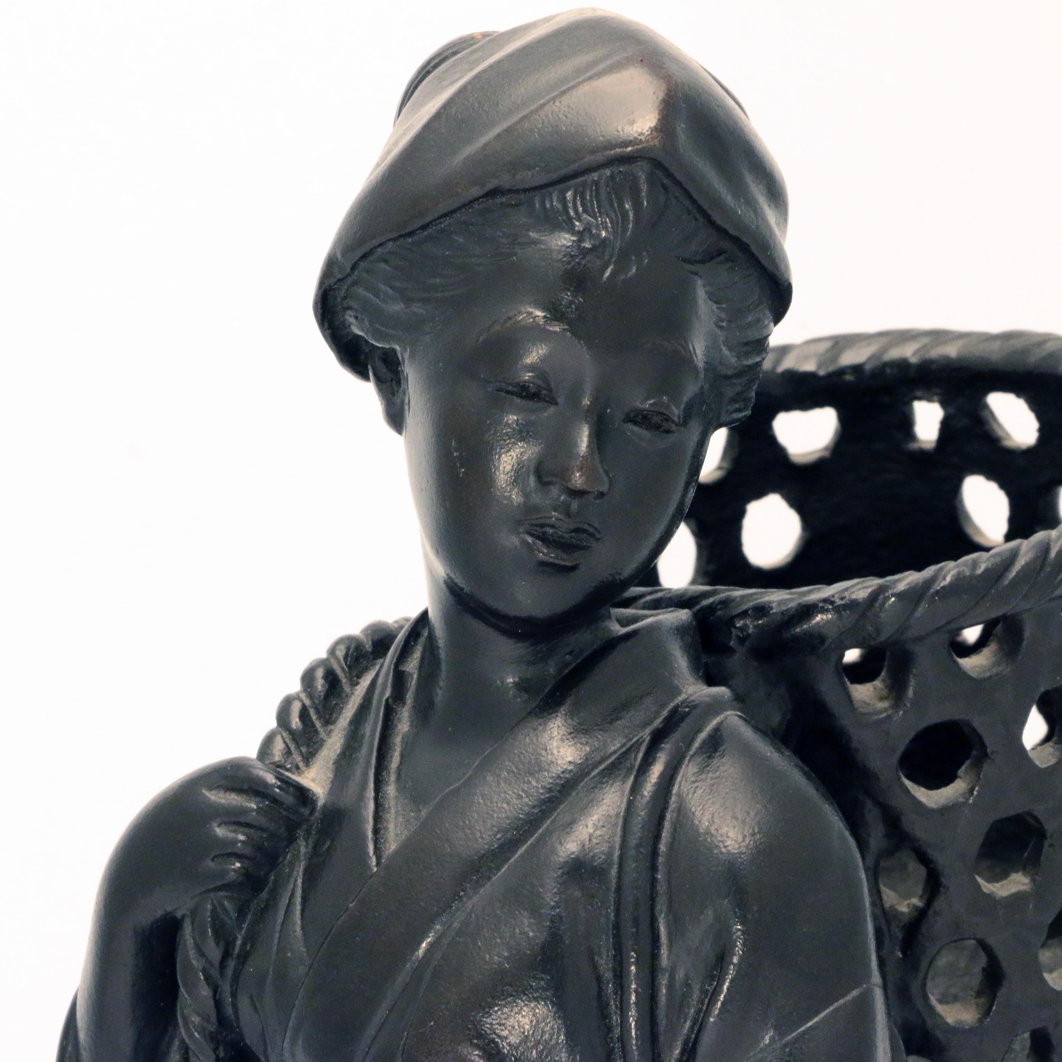 20th Century Japanese Bronze Figure, a Peasant Girl with a Wicker Basket