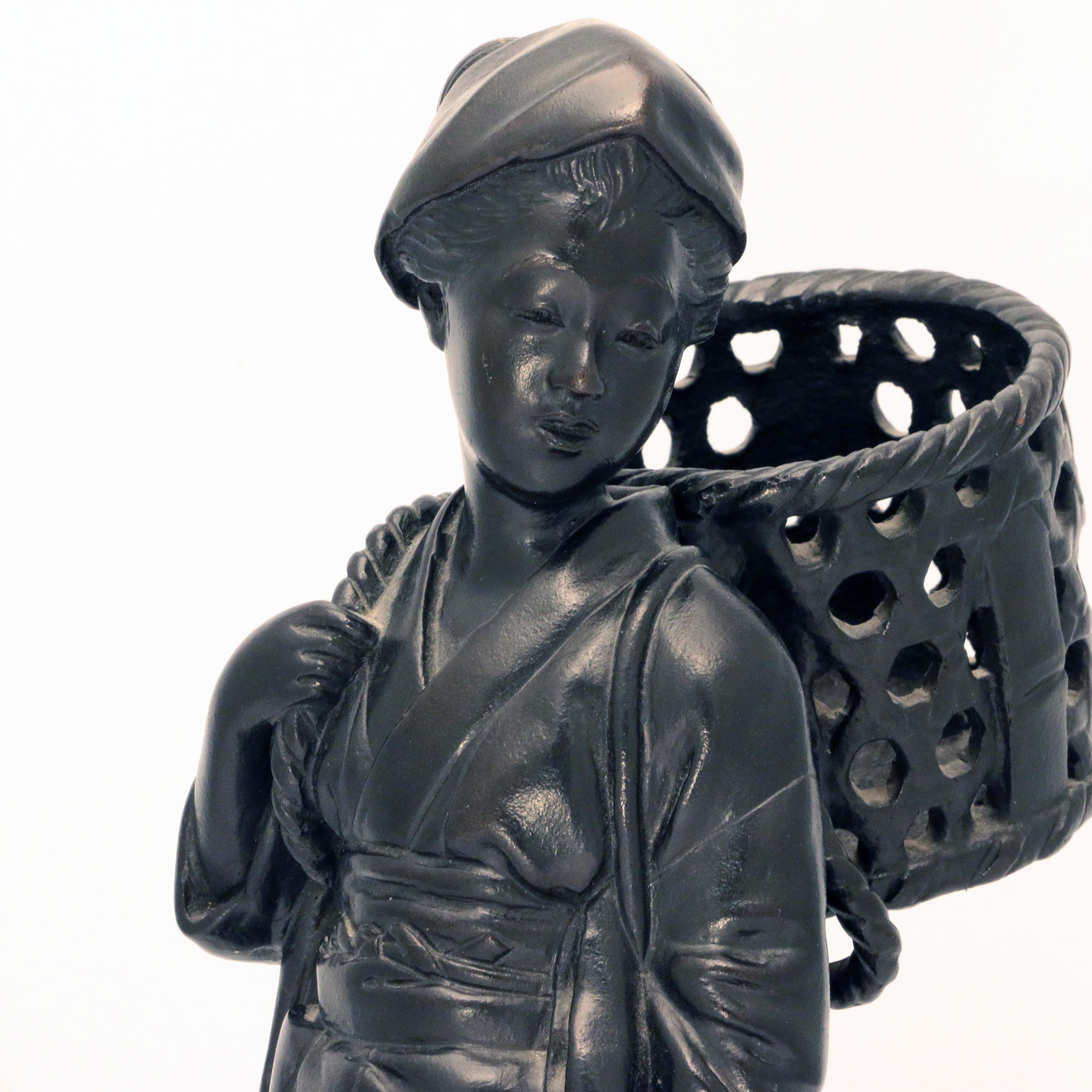 Japanese Bronze Figure, a Peasant Girl with a Wicker Basket 1