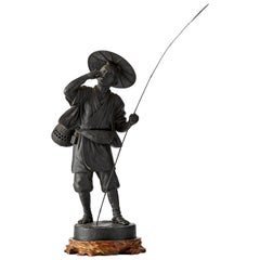 Antique Japanese Bronze Figure of a Fisherman