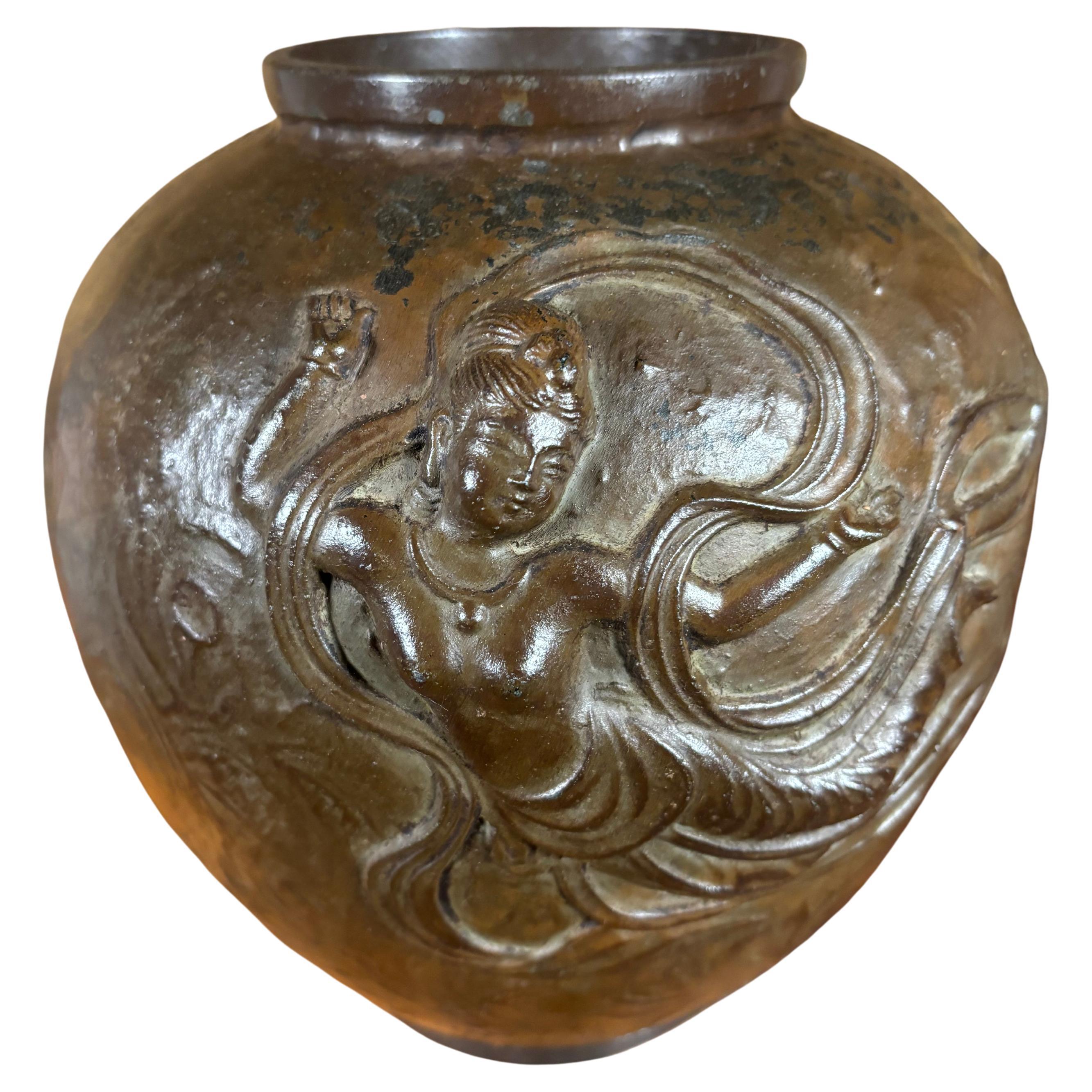 Japanese Bronze Flying Spiritual Goddess Dakini Vase- Hand Caste In High Relief