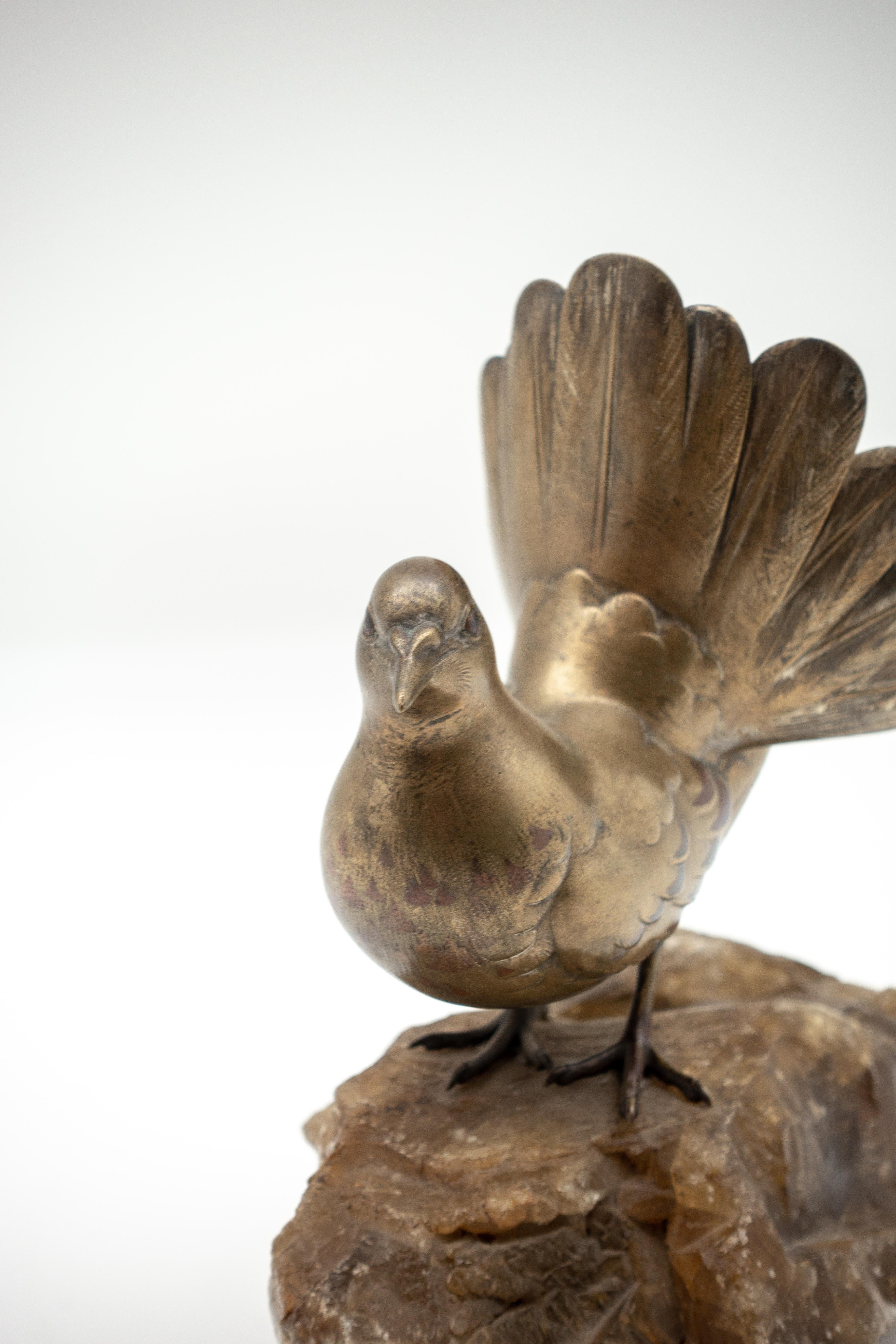 Meiji Japanese Bronze Fowl on Smoky Rock Crystal Base, Signed