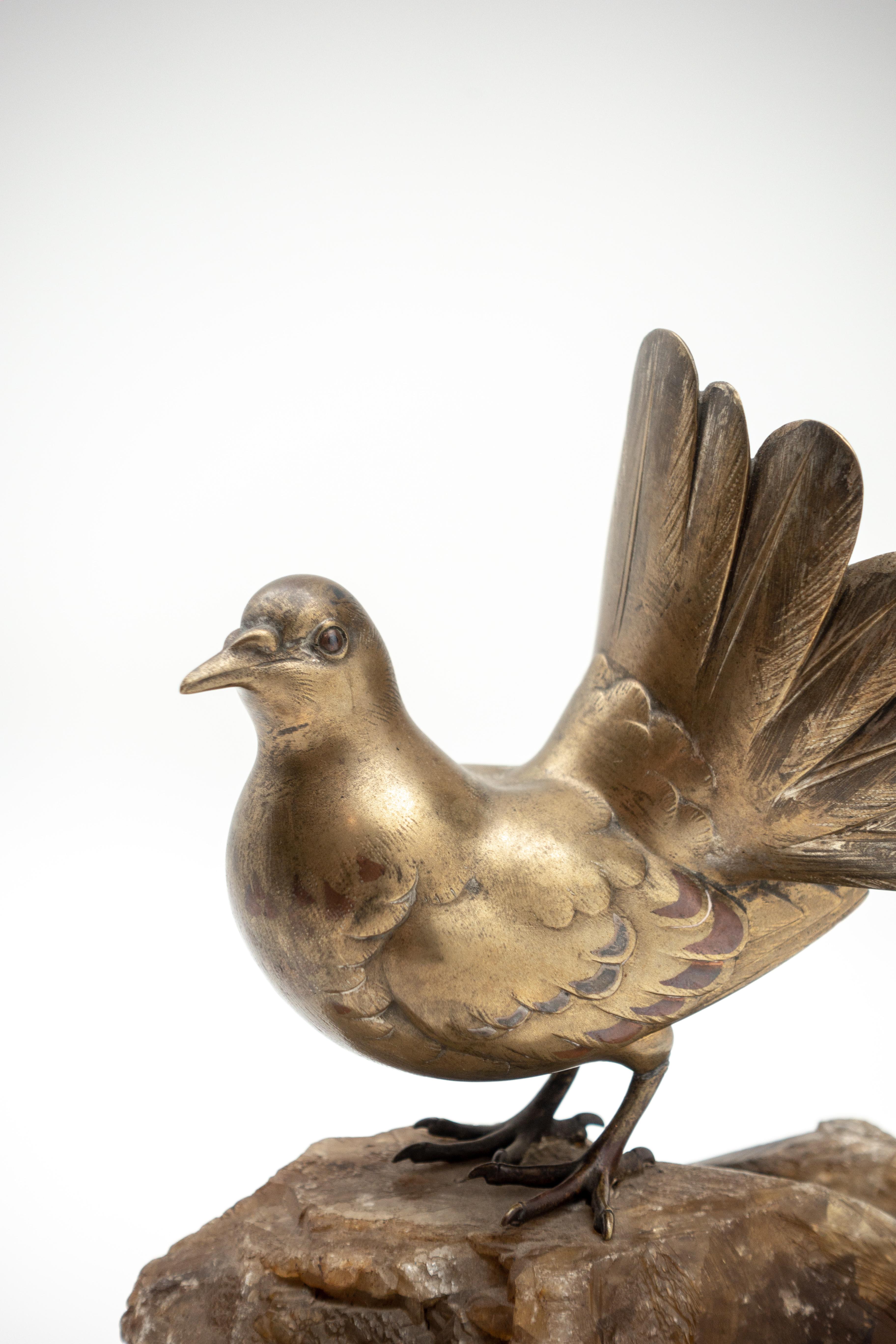 19th Century Japanese Bronze Fowl on Smoky Rock Crystal Base, Signed