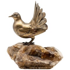 Japanese Bronze Fowl on Smoky Rock Crystal Base, Signed