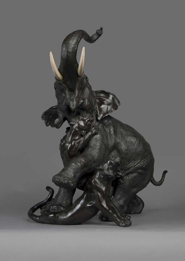 Japanese Bronze Group of an Elephant and Tigers, by Genryusai Seiya